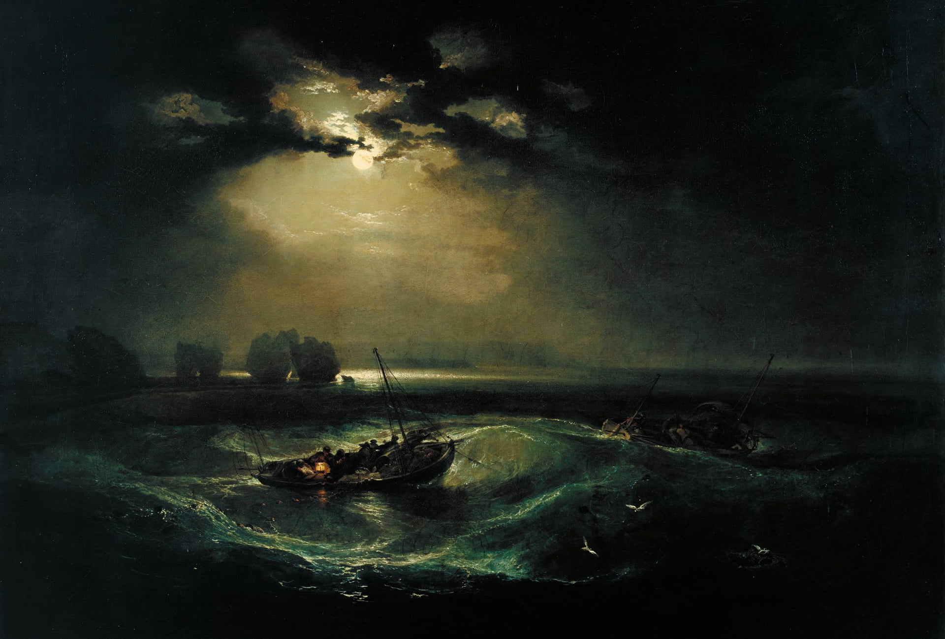 spooky, riding, no people, sea, illustration, outdoors, 1080P, seashore, dark, Fishermen at Sea, night, dramatic sky, textured effect, picture, nature, HD Wallpaper