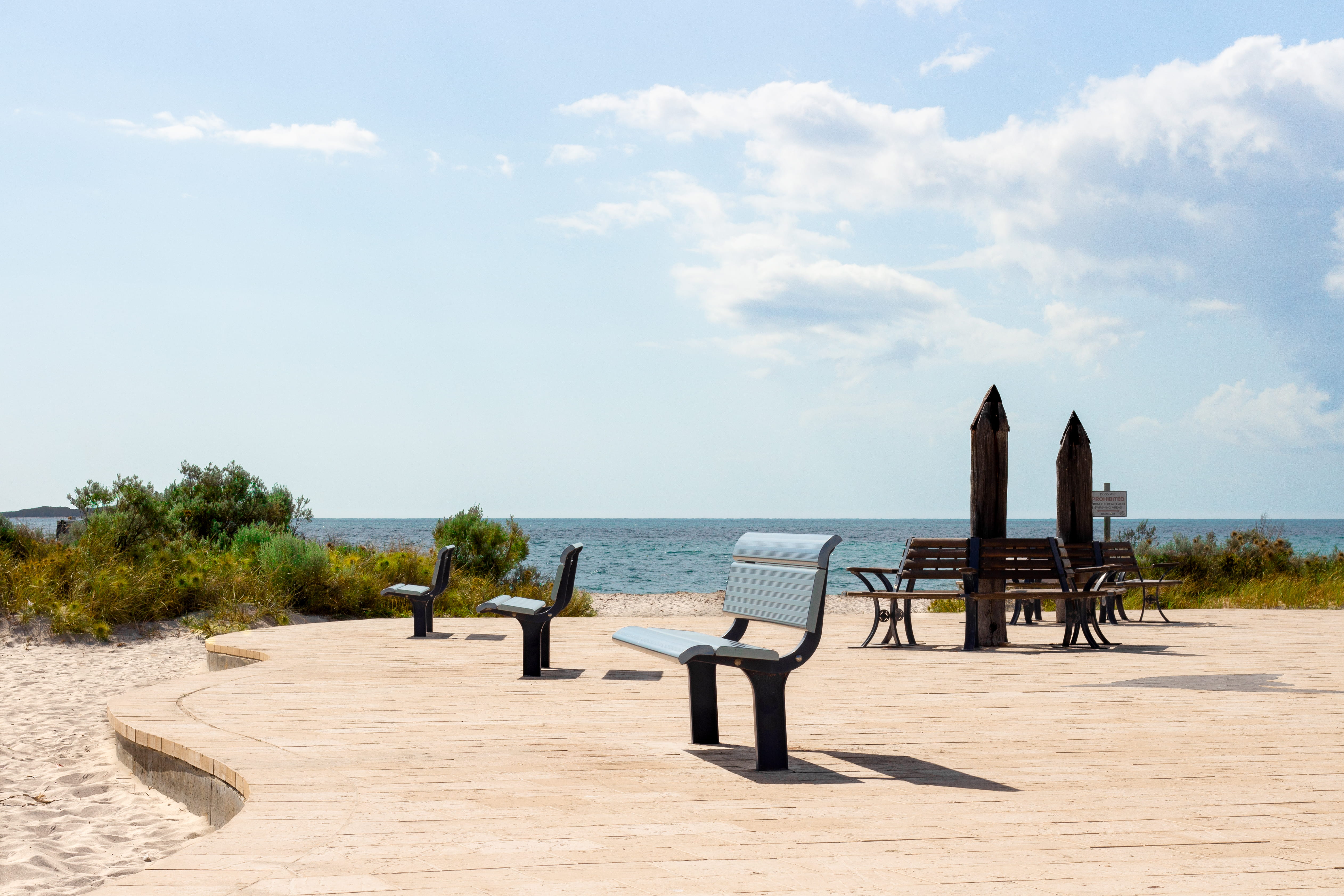 sunlight, 4K, nature, absence, outdoors, beach, chair, no people, horizon over water, land, sea, beauty in nature, water, cloud - sky, tranquil scene, HD Wallpaper