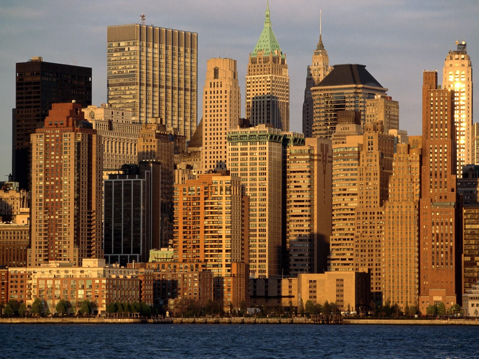 urban Skyline, financial District, skyscrapers, illuminated, uSA, landscape, dusk, new York State, water, night, famous Place, illinois, building Exterior, HD Wallpaper