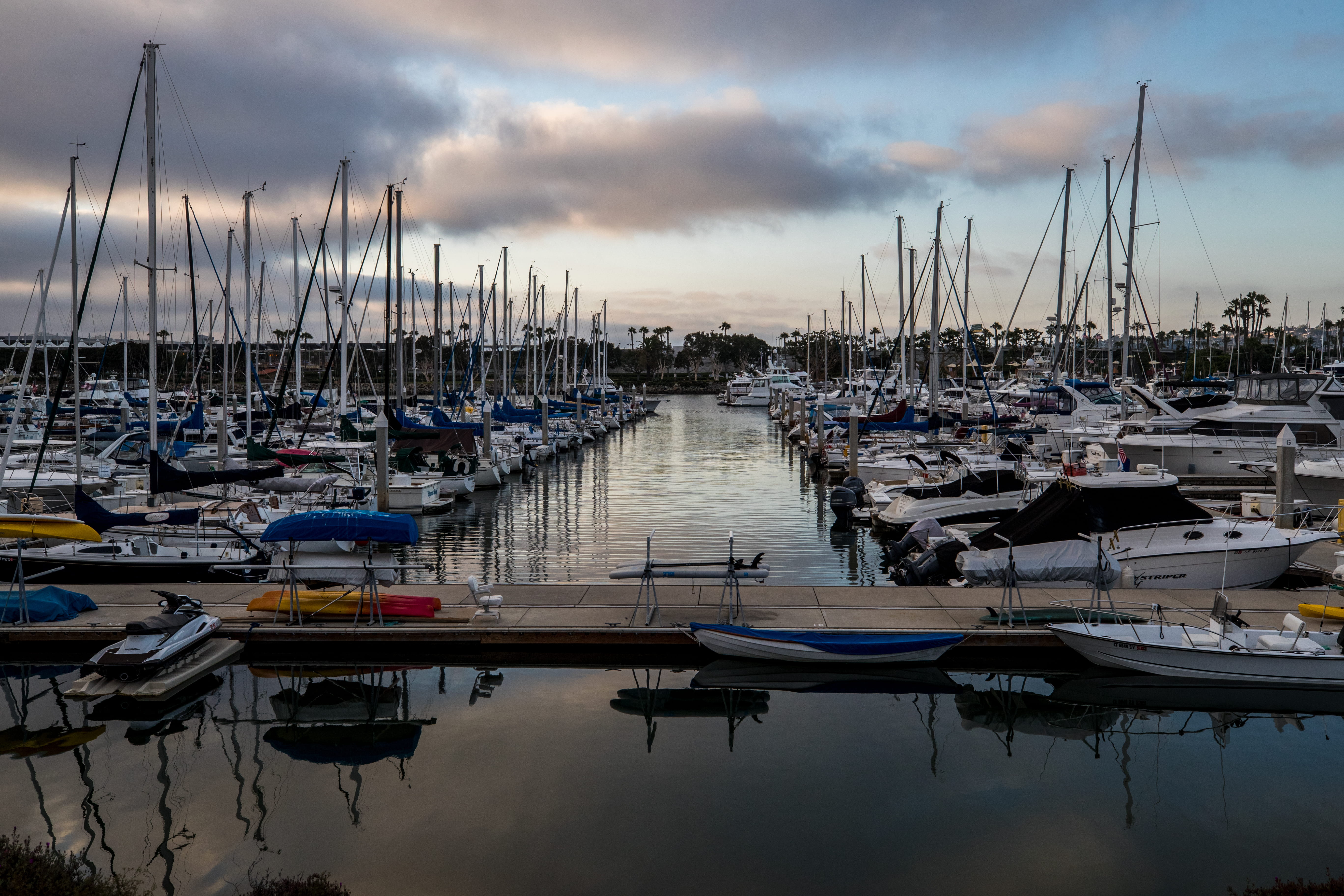 dusk, no people, port, united states, in a row, sandiego, nature, sky, reflection, waterfront, outdoors, 5K, boats, san diego, nautical vessel, pole, mode of transportation, HD Wallpaper