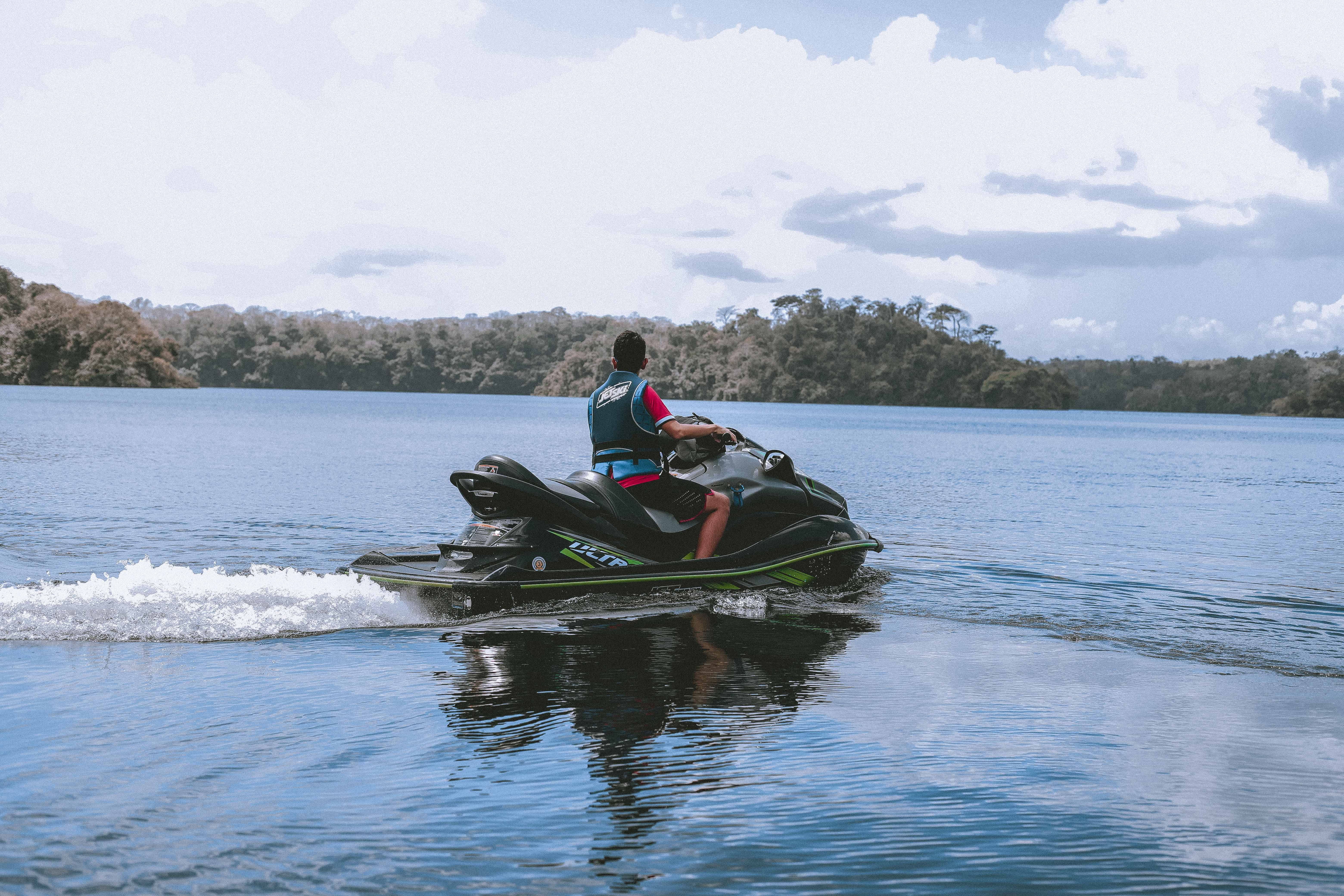 riding, green, man, jetsky, two people, transportation system, 5K, sitting, water, young, leisure activity, trees, daylight, action, nature, sky, nautical vessel, HD Wallpaper