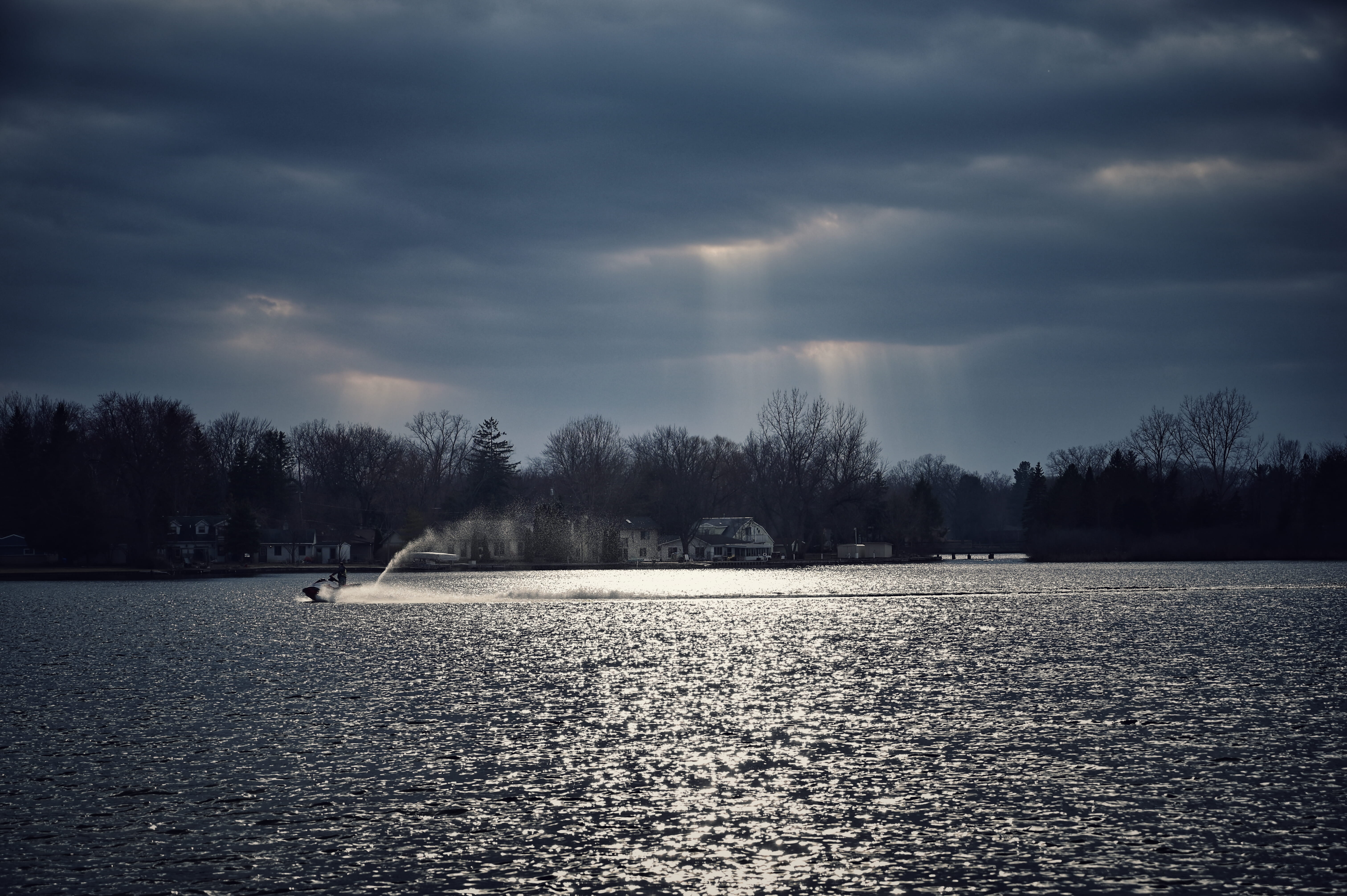 light, jetski, non-urban scene, transportation, clouds, weather, nature, trees, cloudy, no people, idyllic, reflection, promontory, 5K, water, sky, tree, HD Wallpaper