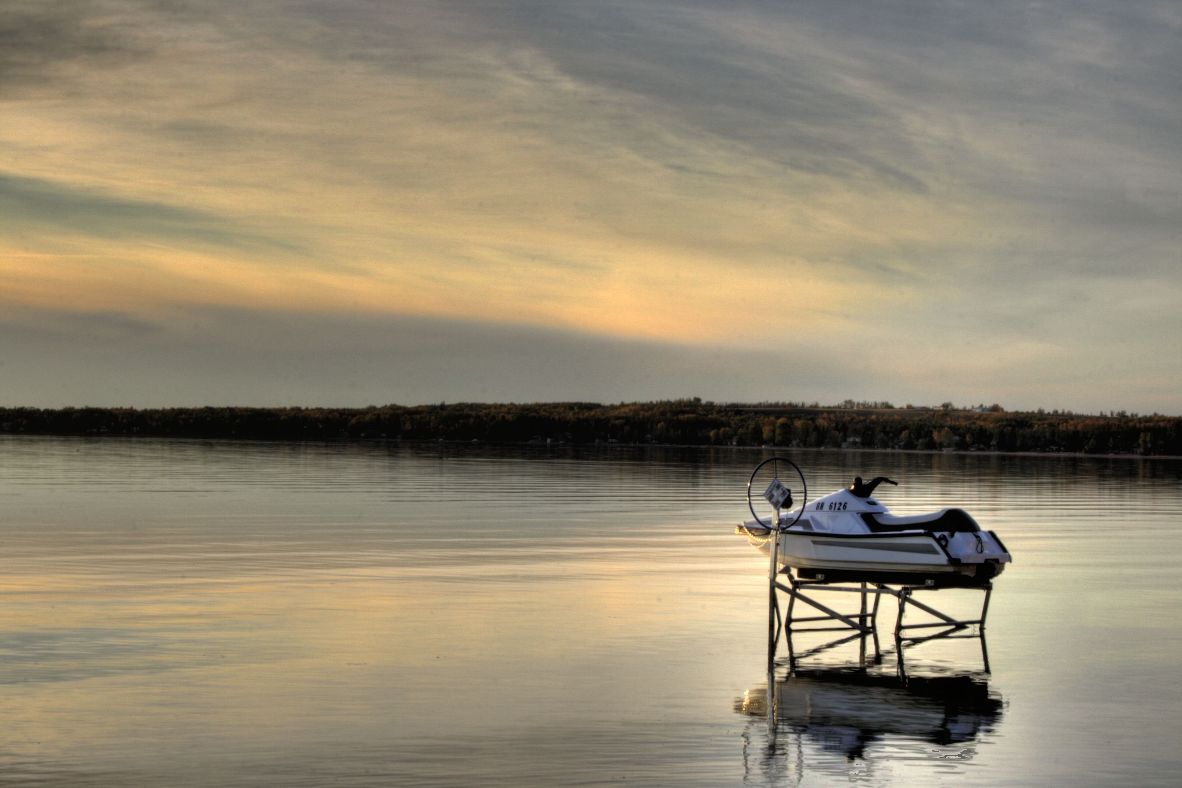 reflection, nautical vessel, water, cloud - sky, scenic, canada, tranquil scene, serene, togetherness, pigeon lake, two people, alberta, sunset, sky, dusk, HD Wallpaper
