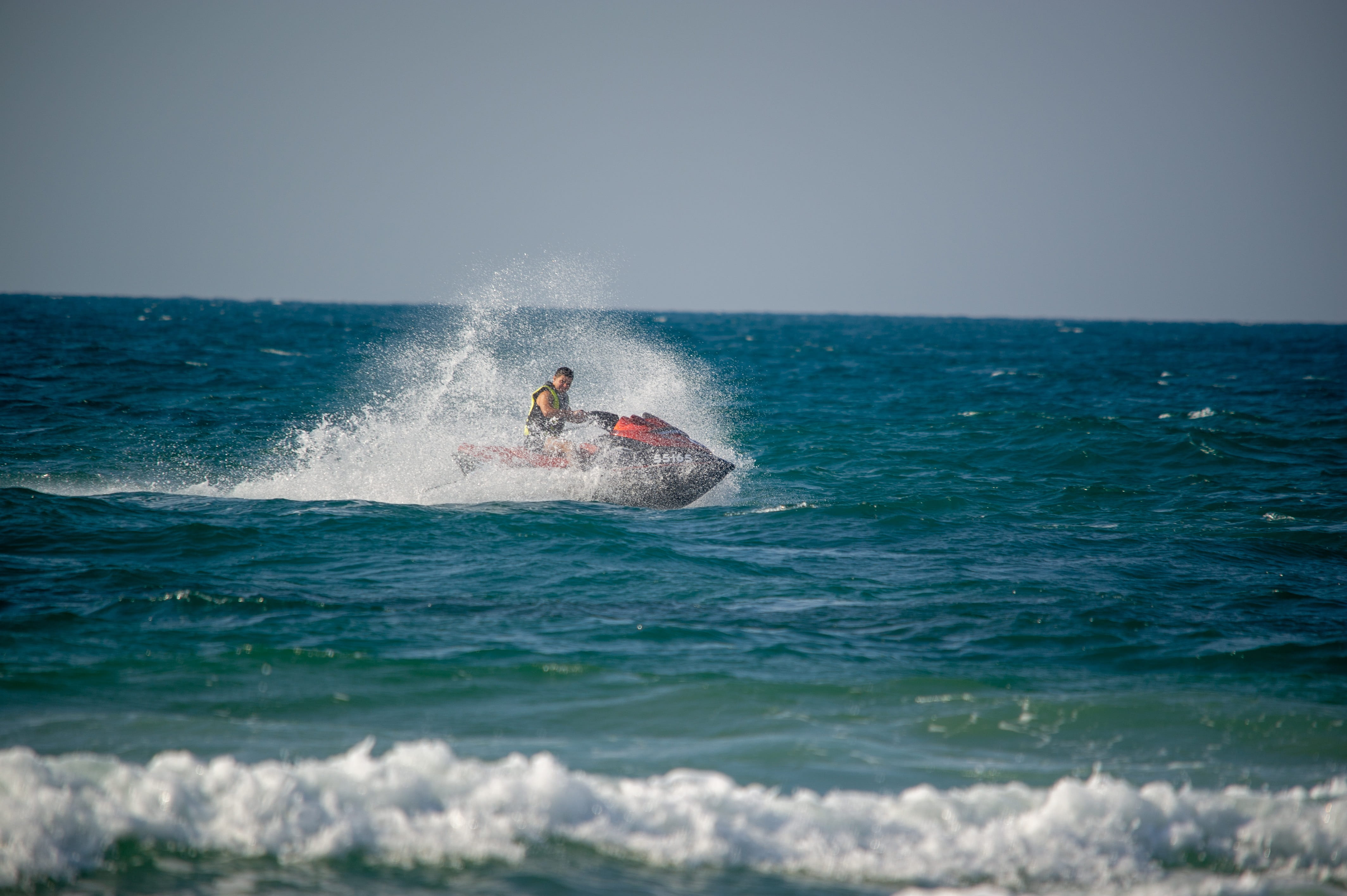 beach, water, wave, outdoors, nature, horizon, jetski, motion, sea, surfing, day, people, clear sky, adventure, watercraft, watersports, 4K, sport, jet boat, HD Wallpaper
