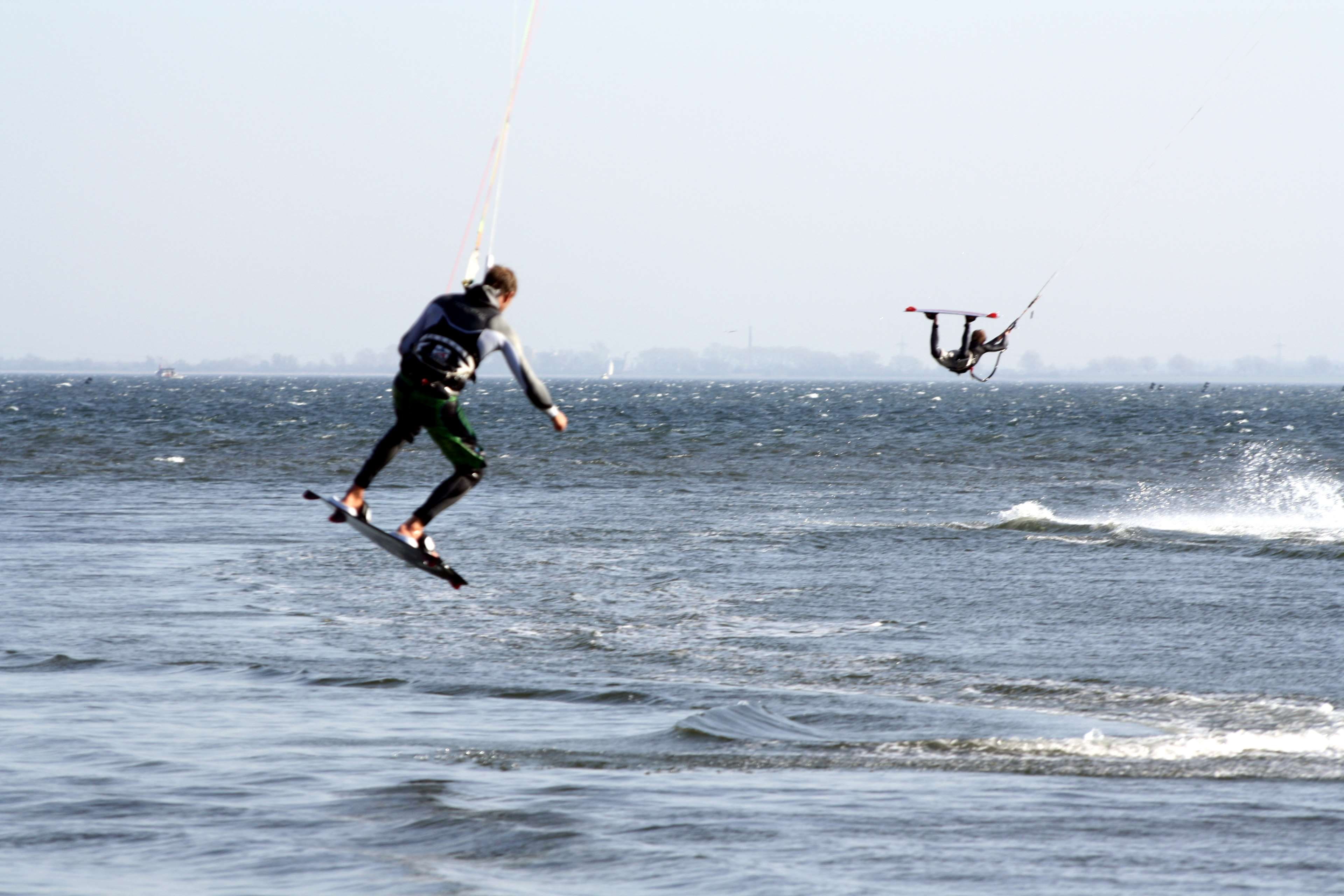 sky, outdoors, sea, kiteboarding, nature, wave, motion, double jump, adventure, waterfront, horizon over water, men, leisure activity, full length, baltic sea, HD Wallpaper