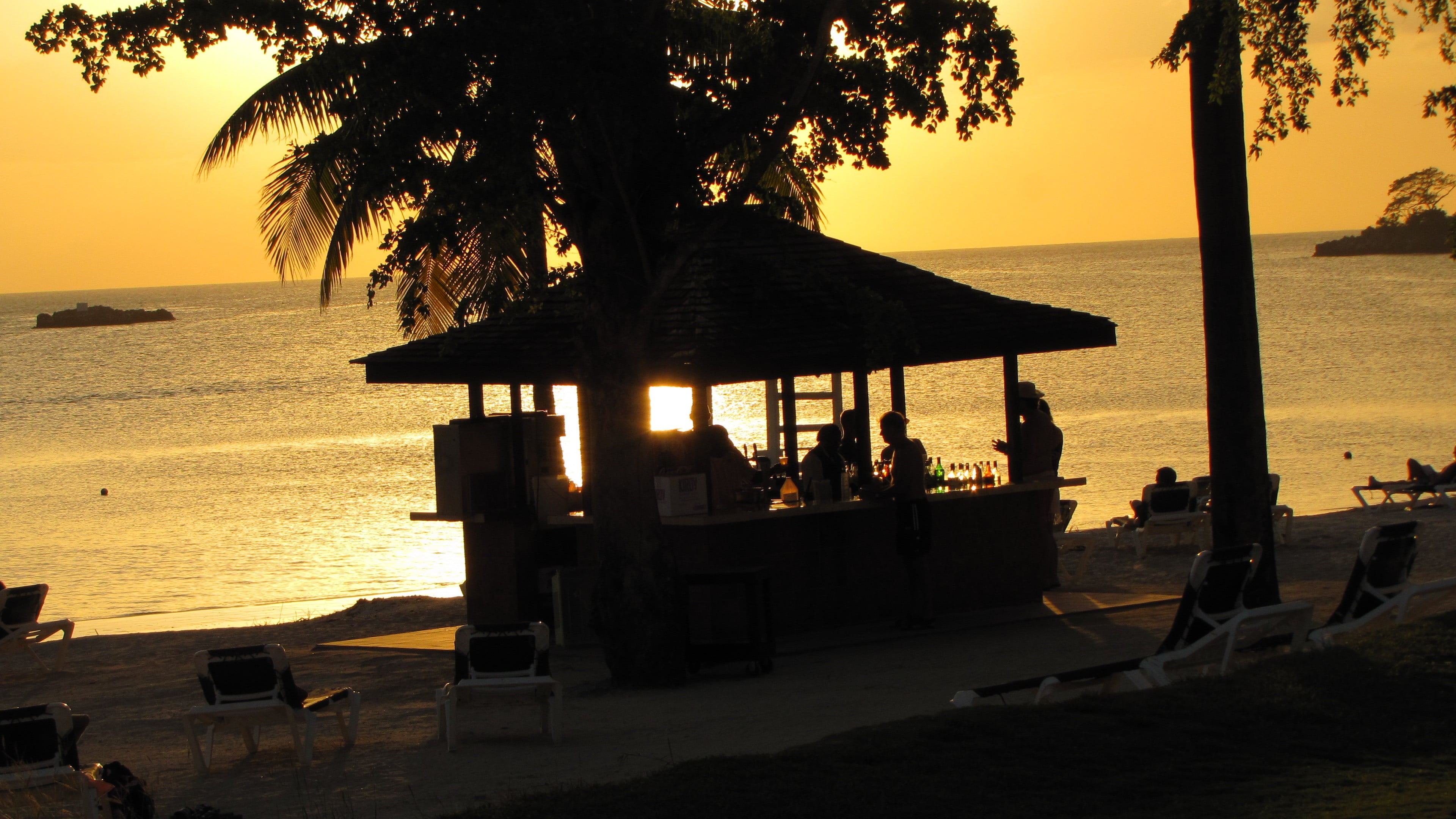 plant, tranquility, Negril, orange color, seat, sea, tree, hut, tranquil scene, water, Jamaica, outdoors, horizon, land, gazeboo, sunset, 4K, beach, sky, HD Wallpaper