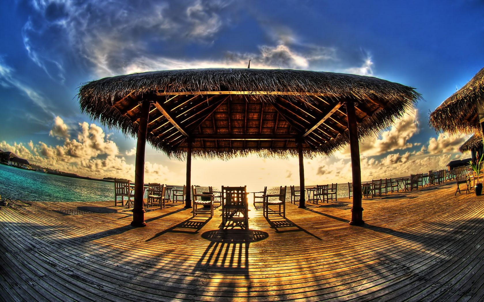 clouds, cloud - sky, wooden surface, pier, day, sky, sunset, chair, nature, no people, land, outdoors, fisheye lens, 720P, hut, beach, water, blue, sea, HD Wallpaper