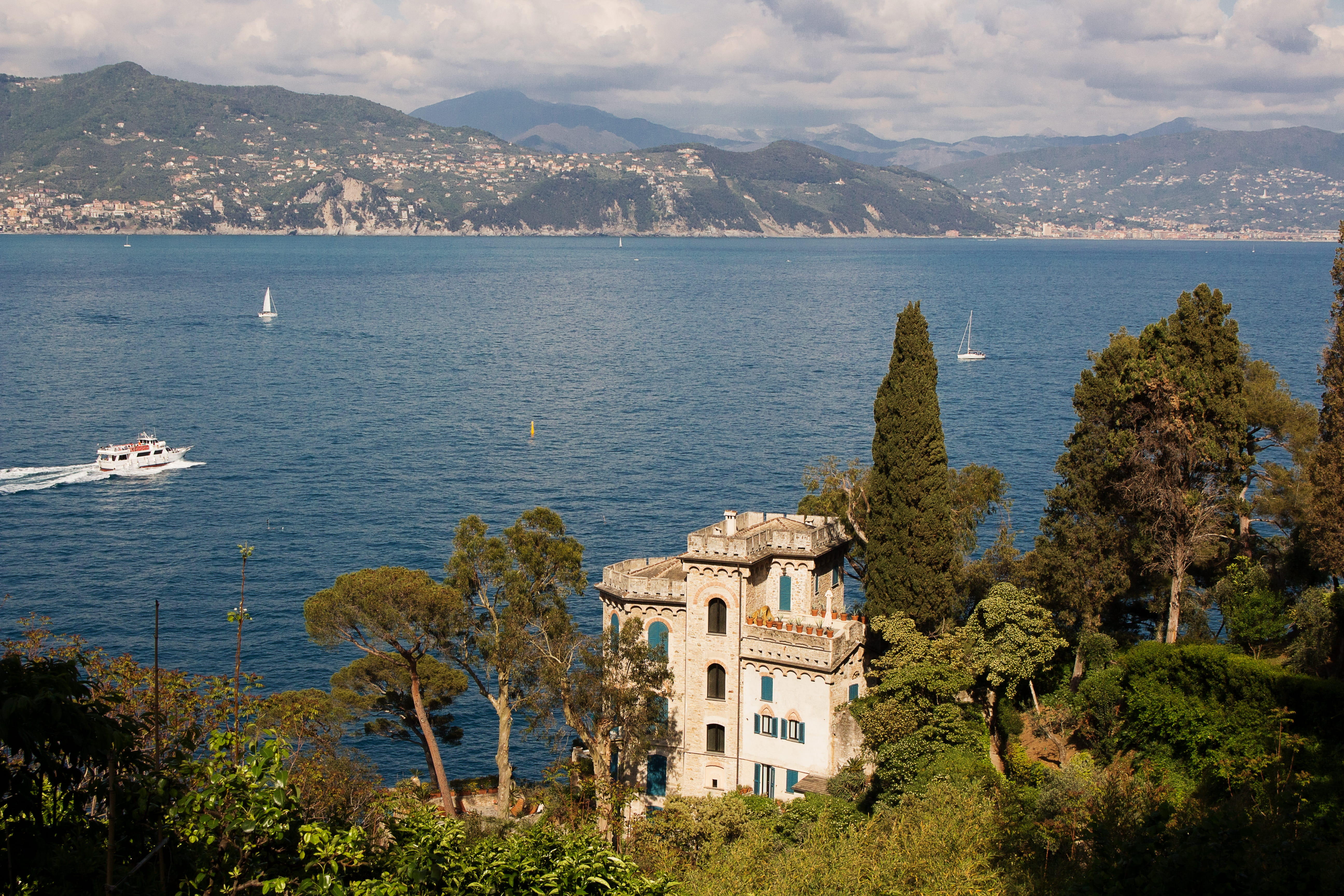 plant, villa, oceanview, tree, water, liguria, oldhouse, building exterior, italy, trees, no people, boat, 5K, sea, scenics - nature, beauty in nature, HD Wallpaper