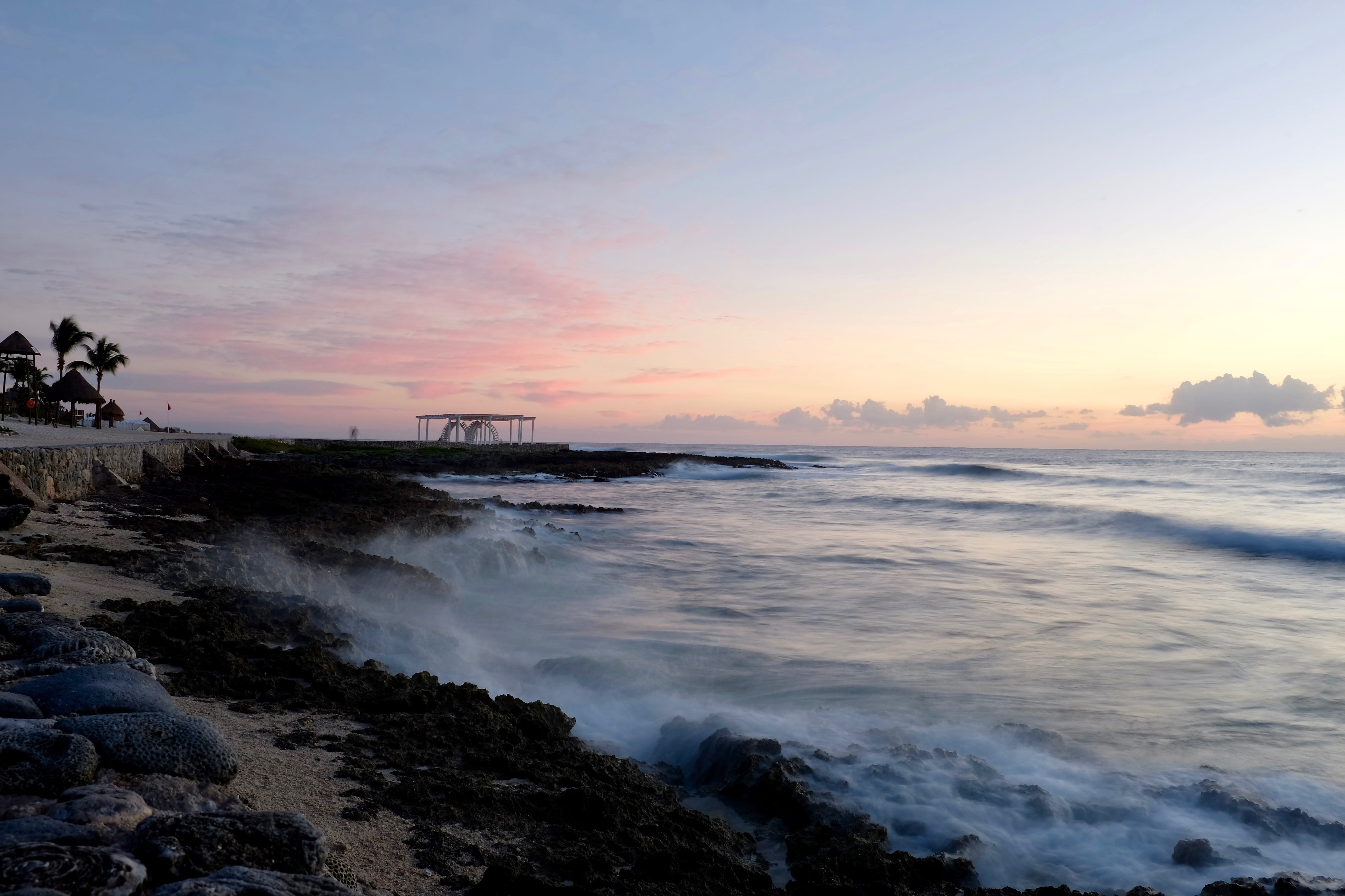 chairs, cloud - sky, beach, stone, scenics - nature, 4K, long exposure, motion, horizon over water, wave, outdoors, seashore, sunset, architecture, nature, HD Wallpaper