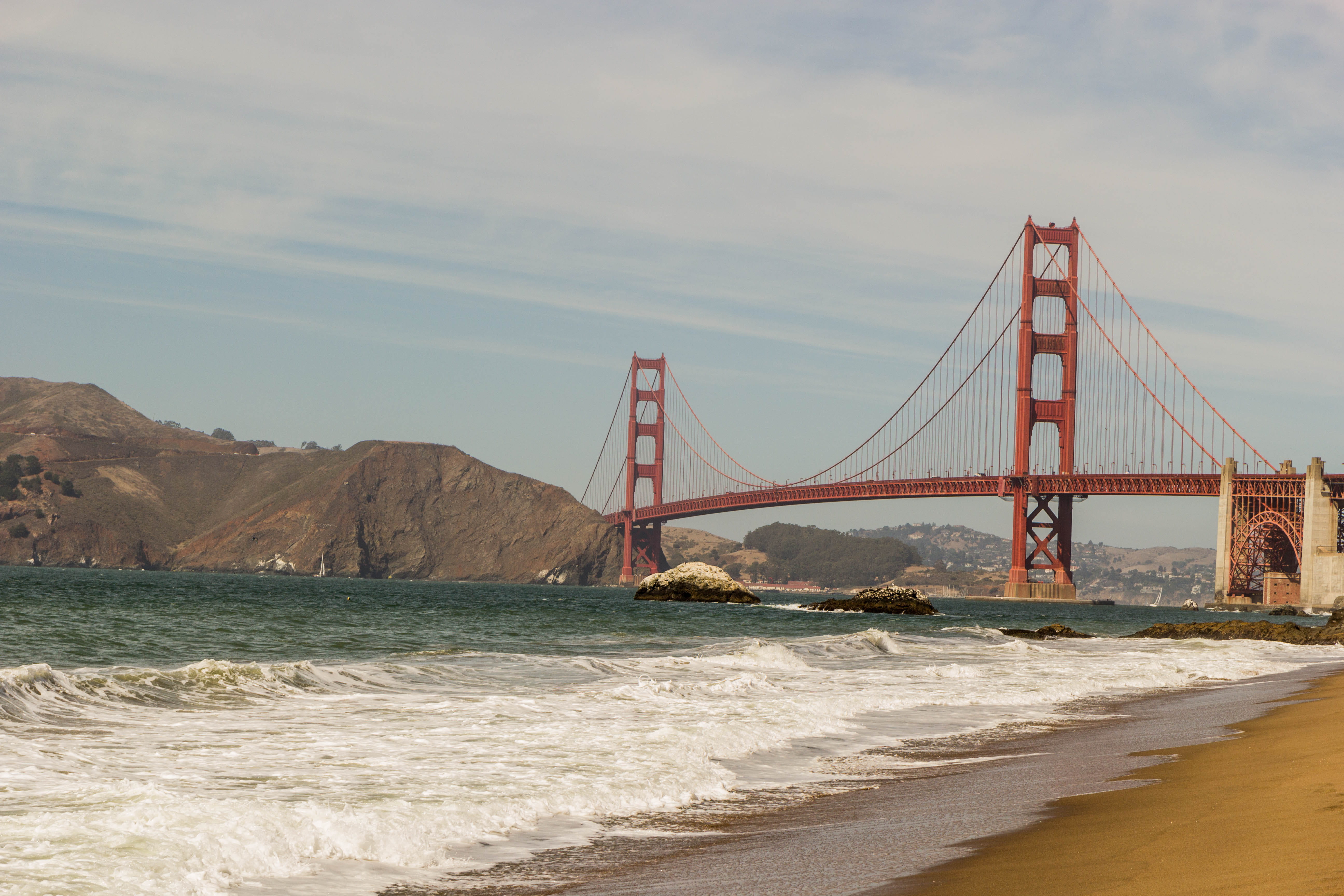 cloud - sky, outdoors, connection, engineering, tourism, baker beach, day, water, oceanview, travel, bay, bridge, travel destinations, golden gate bridge, HD Wallpaper