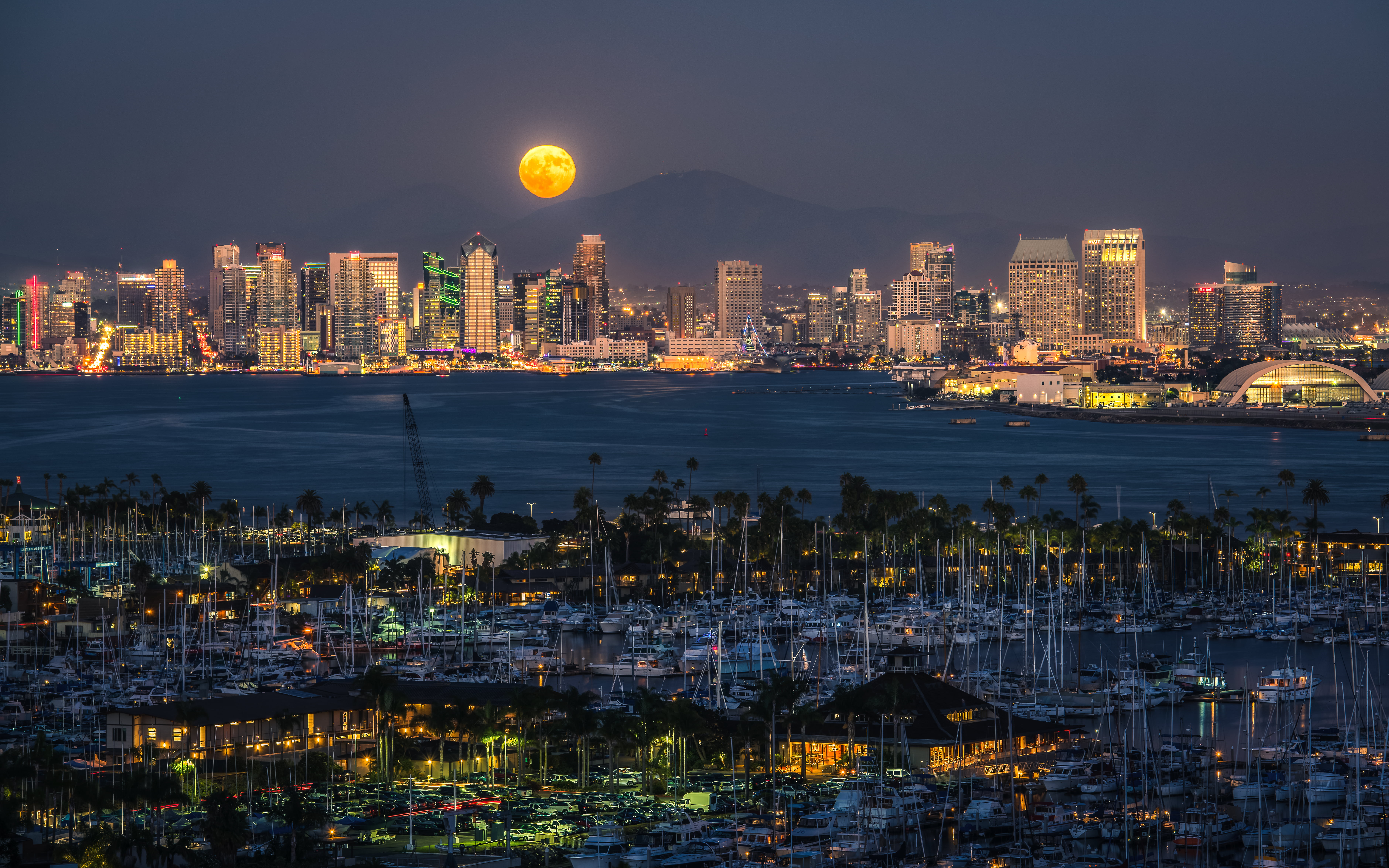 sony alpha, moon  bay, architecture, dusk, yellow, so cal, Full Moon, night, urban Skyline, san diego bay, point loma, overlook, 5K, san, City, cityscape, HD Wallpaper