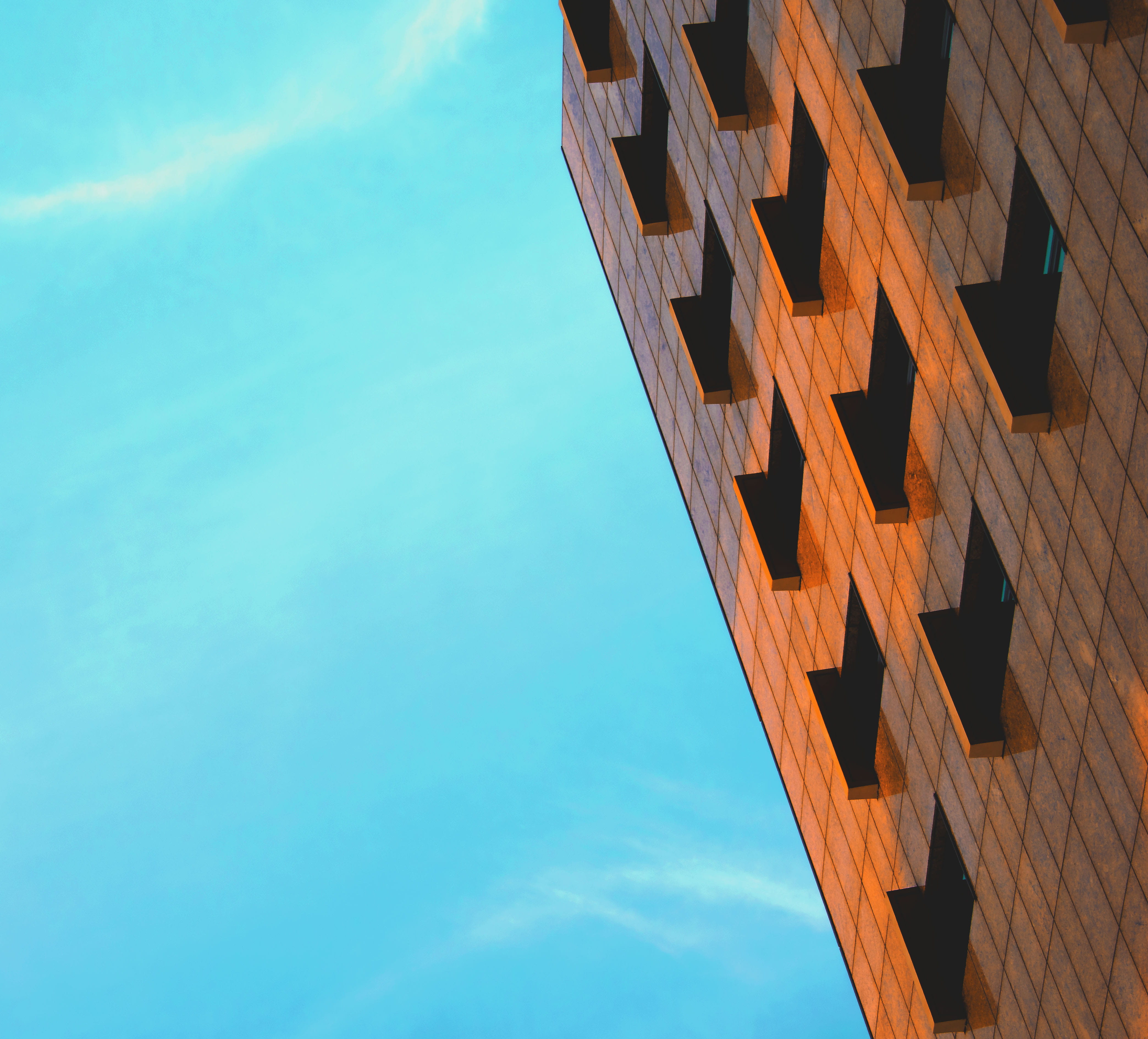 4K, nature, copy space, built structure, window, low angle view, turquoise colored, metropolis, outdoors, building exterior, architecture, architectire, HD Wallpaper