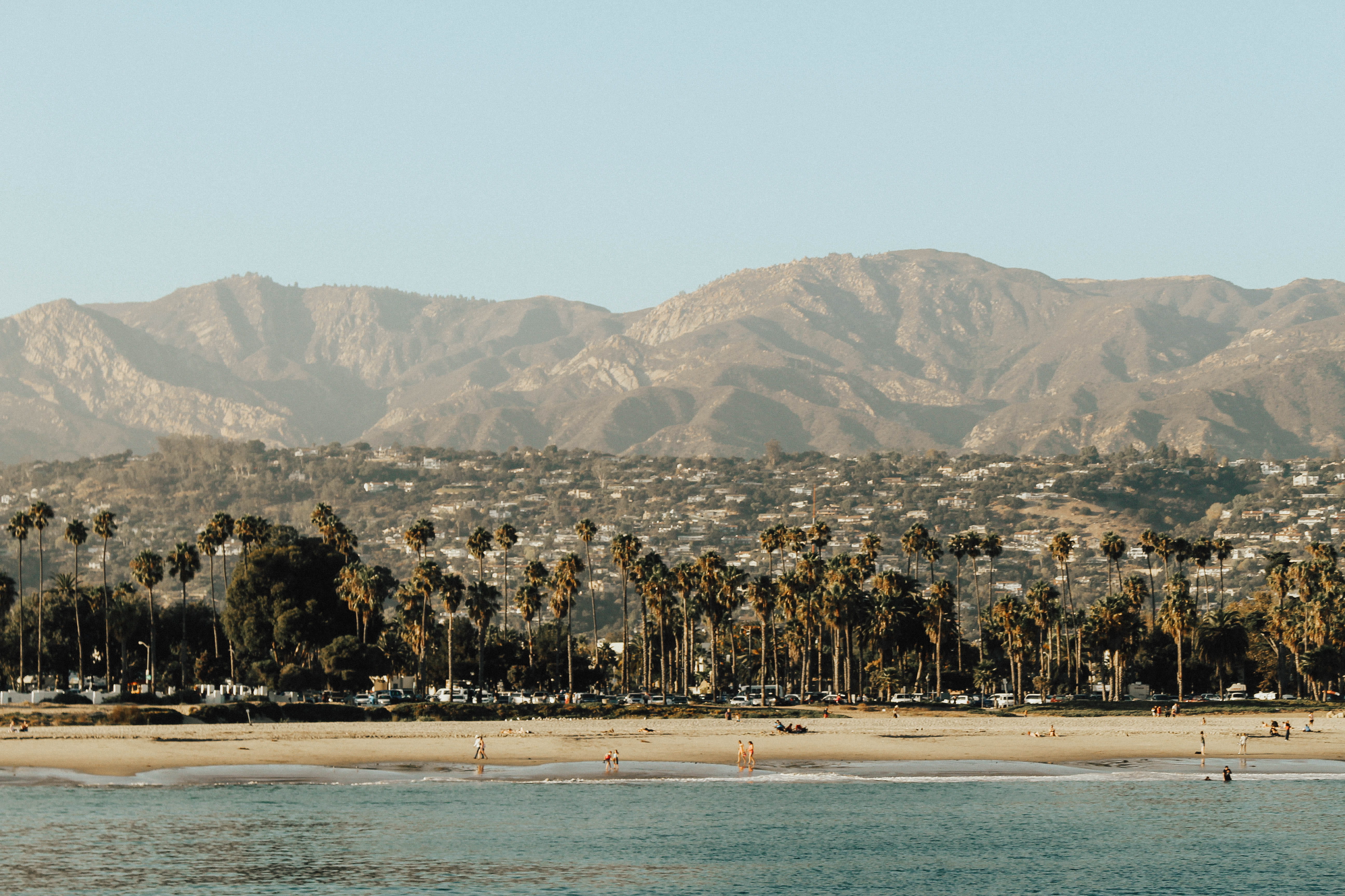 scenics - nature, view into land, mountain range, waterfront, sand, relax, water, beach, plant, santa barbara, sea, nature, 5K, beauty in nature, mountains, HD Wallpaper