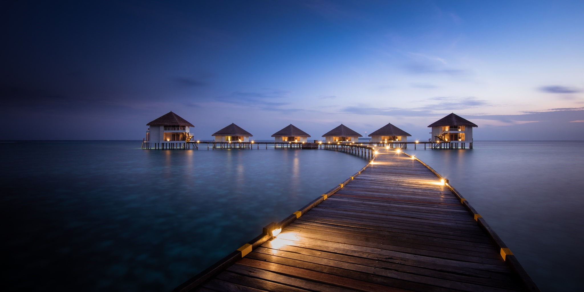 1080P, sunrise maldives resort artificial lights walkway sea beach bungalow blue nature tropical summer landscape, HD Wallpaper