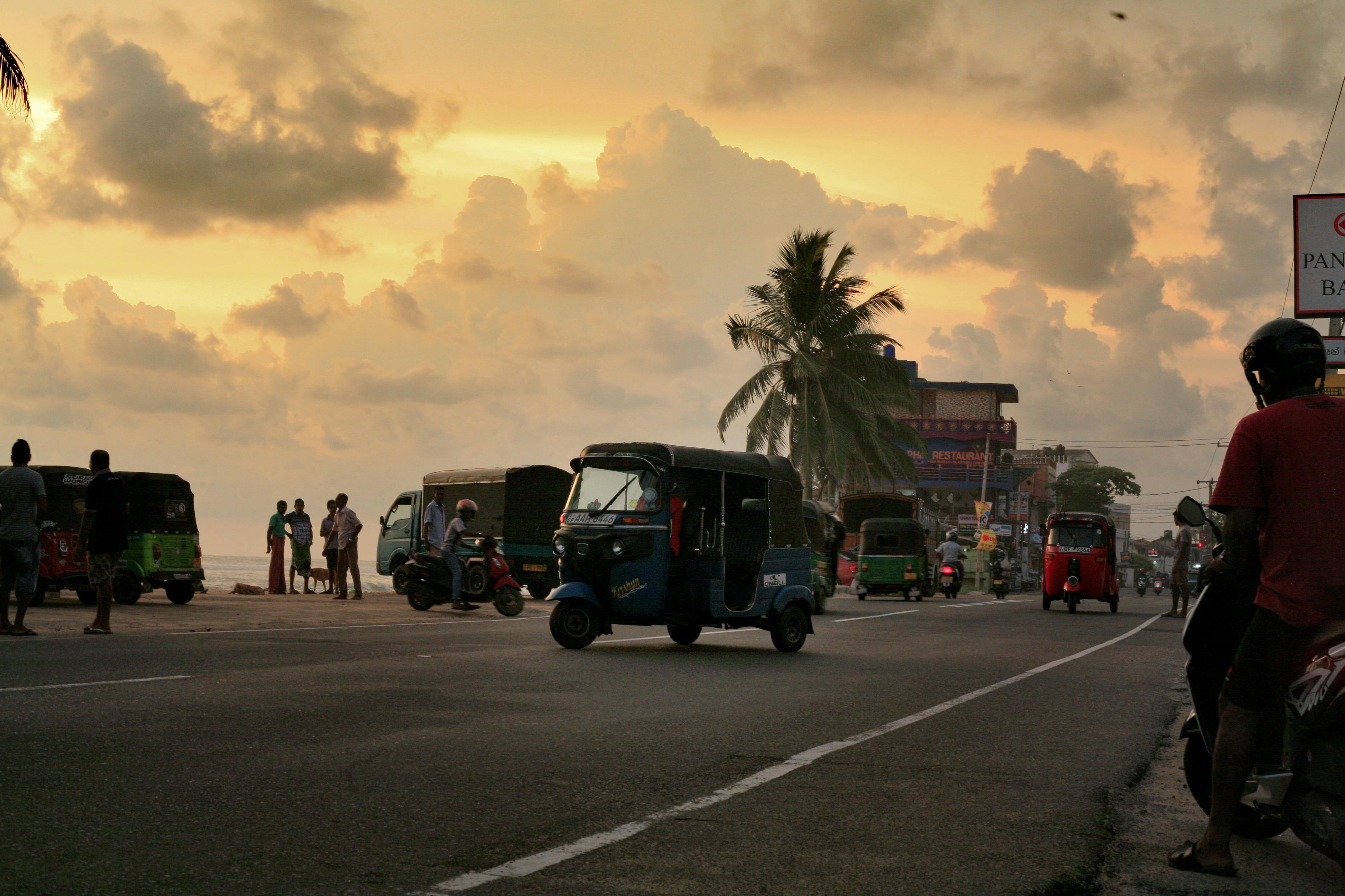 group of people, hikkaduwa, built structure, sunset, nature, transportation, palmtree, street, outdoors, men, travel, land vehicle, rikshaw, architecture, HD Wallpaper