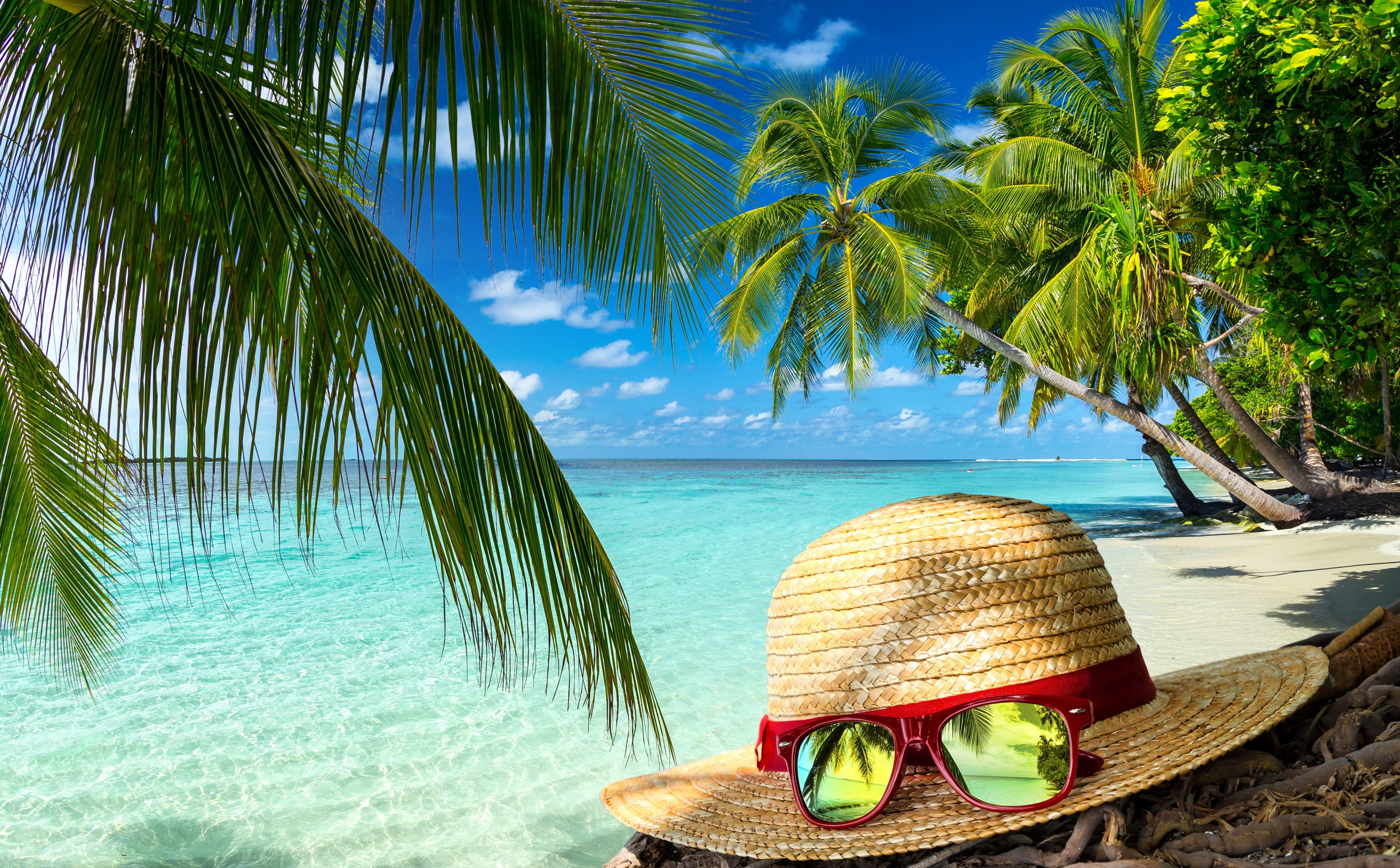 wicker, tranquil scene, horizon over water, Sand, tree, tropical climate, idyllic, 5K, beachhat, sea, sun hat, Beach, coconut palm tree, brown, palm leaf, HD Wallpaper