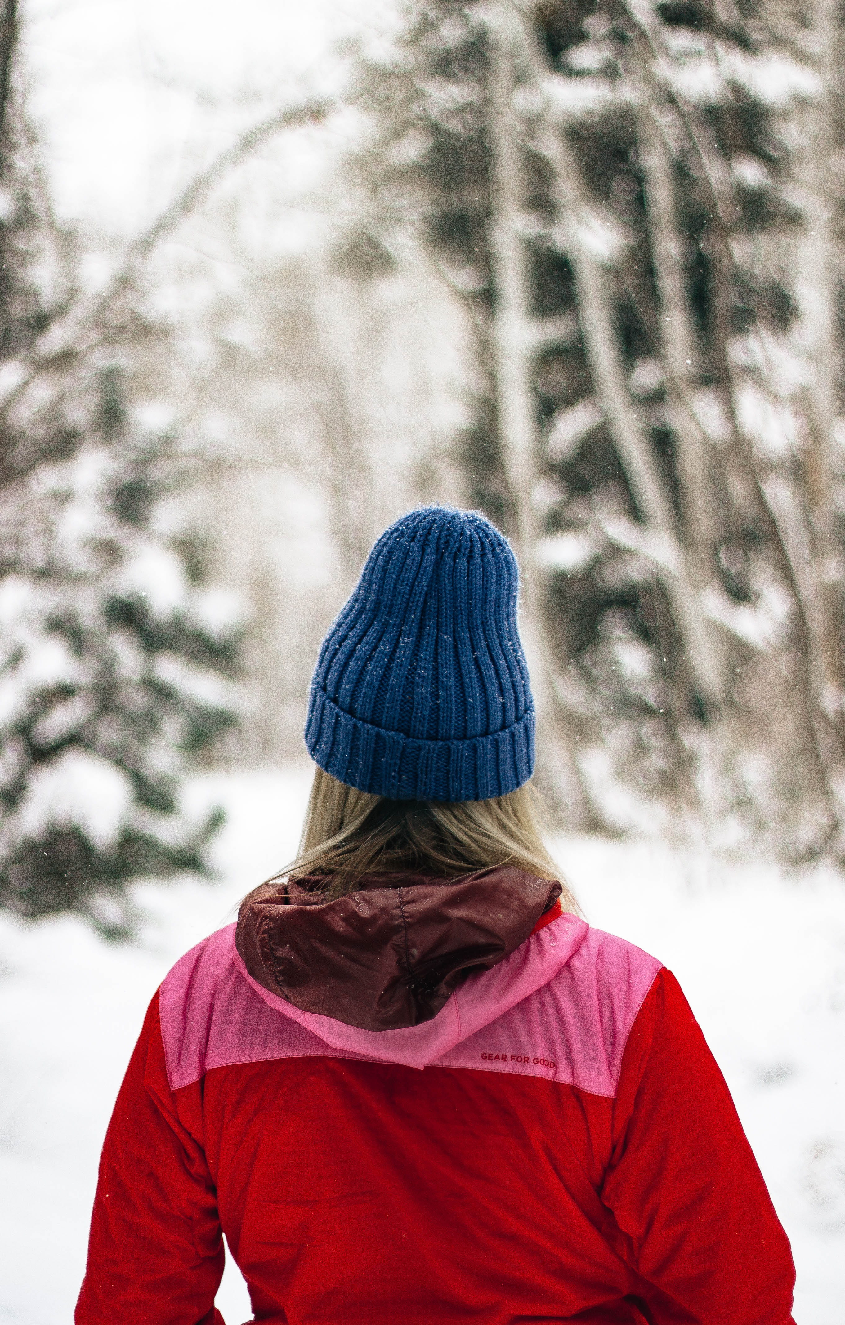 utah, one person, headshot, snow, hood - clothing, rear view, red, hooded, women, cap, 4K, pink, cold temperature, hat, tree, hairstyle, day, focus on foreground, Phone HD Wallpaper