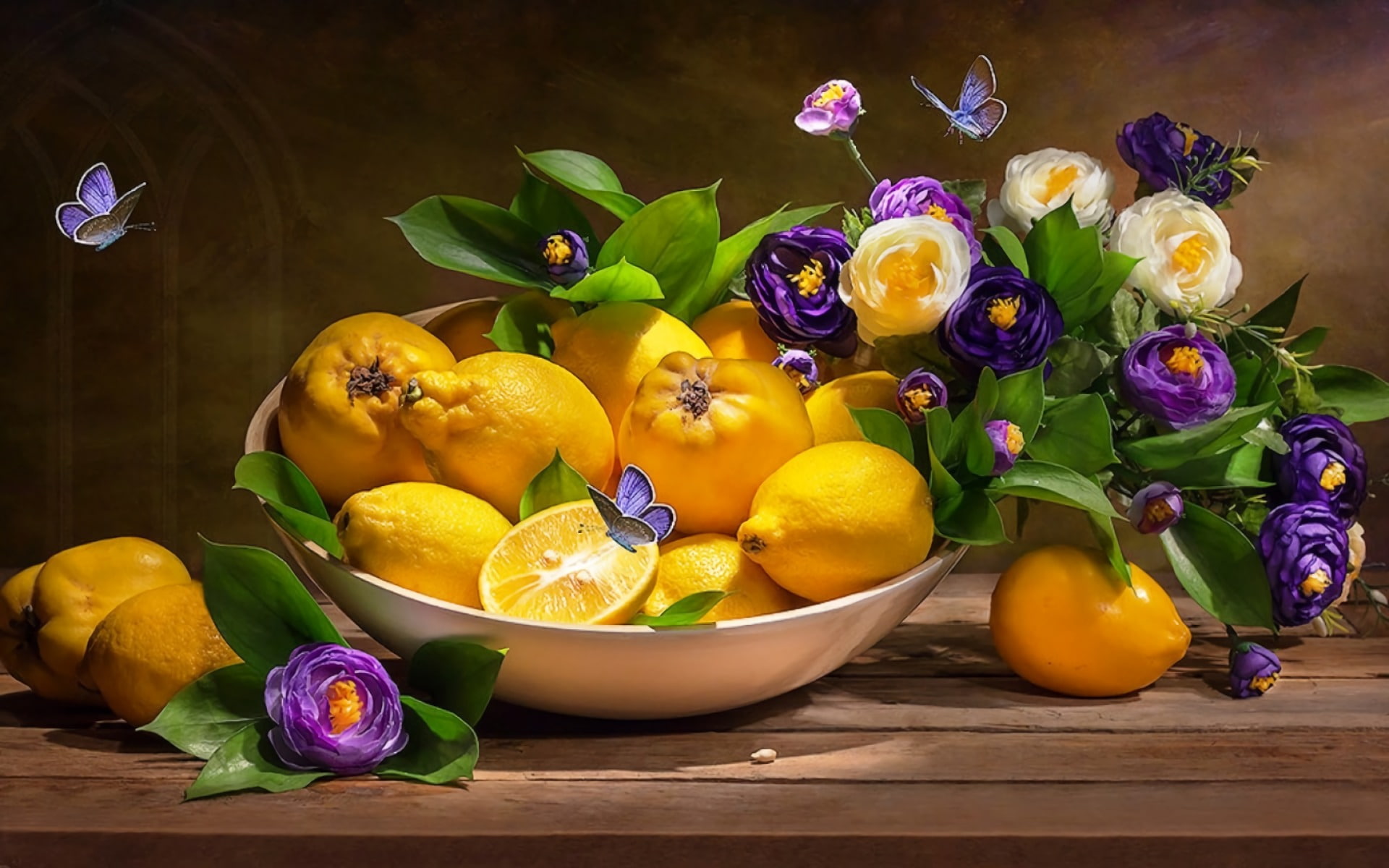 Photography, Butterfly, Still Life, Flower, Fruit, Lemon, 1080P, Bowl, HD Wallpaper