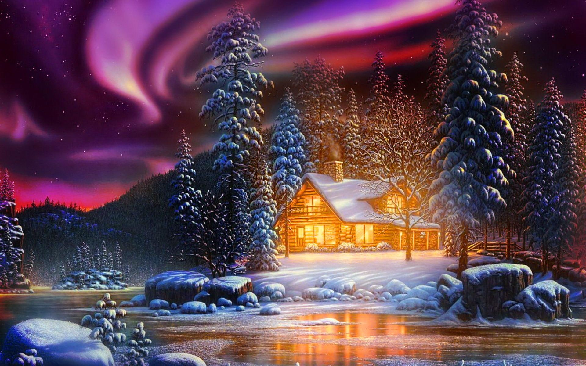 winter, trees, amazing, reflection, nice, landscape, cold, house, lovely, snow, cozy, beautiful, 1080P, quiet, mountain, cottage, HD Wallpaper
