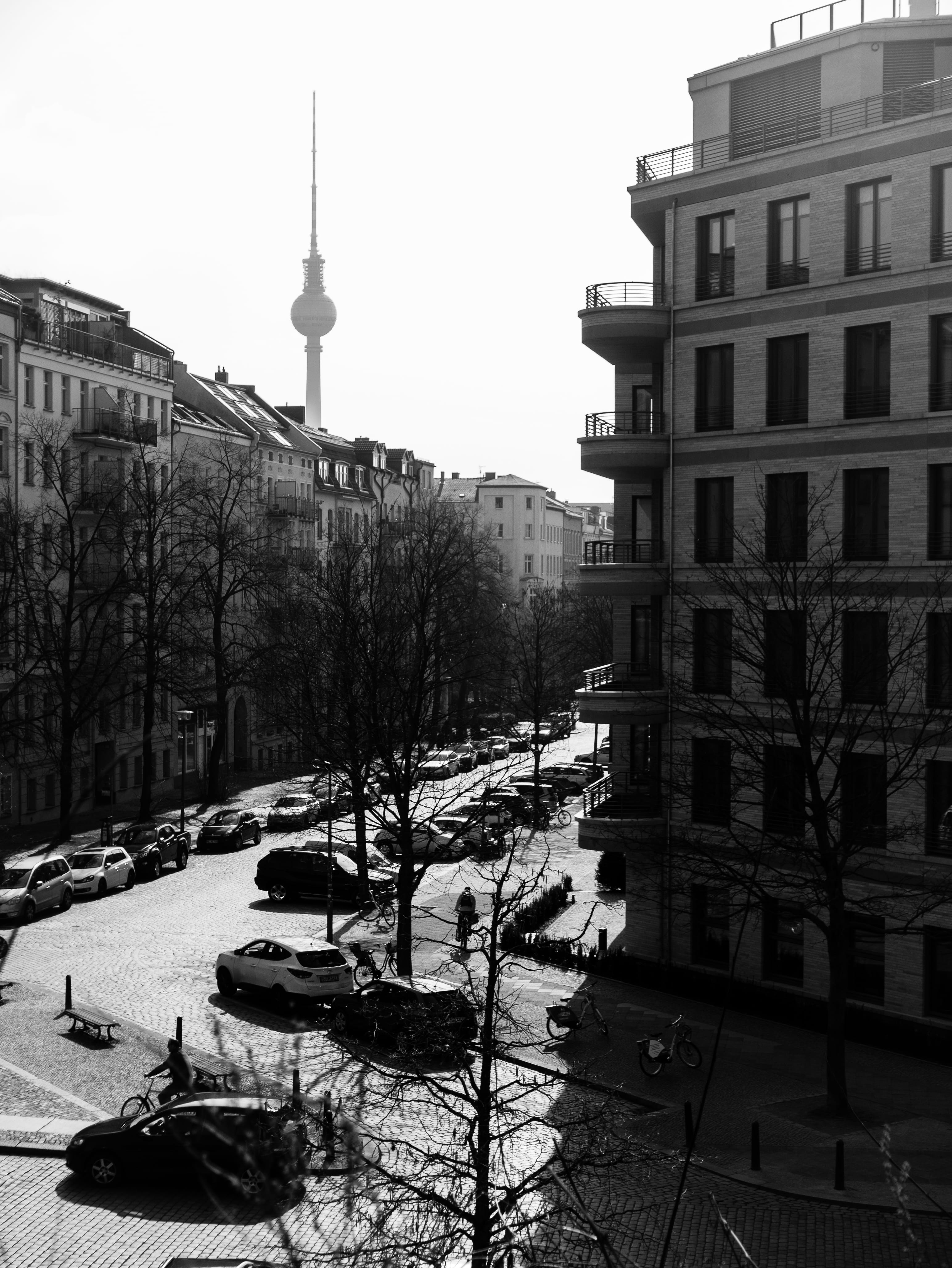 mode of transportation, office building exterior, urban, tower, snow, built structure, germany, street, outdoors, tree, bnw, spire, pankow, building, no people, Phone HD Wallpaper