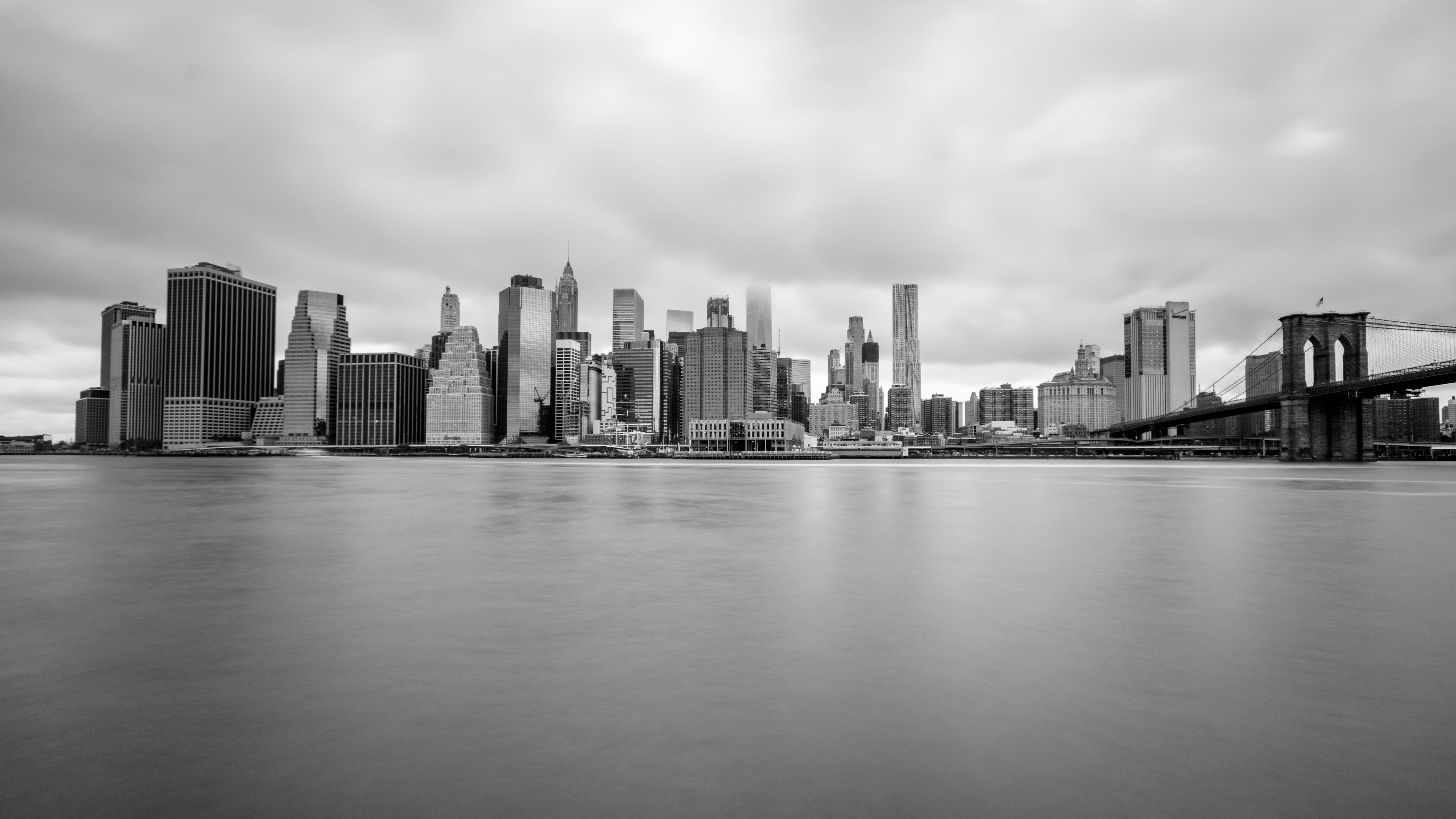 united states, built structure, nd1000, cityscape, water, long time exposure, no people, bnw, skyscraper, cities, brooklyn, outdoors, cloud - sky, black and white, HD Wallpaper