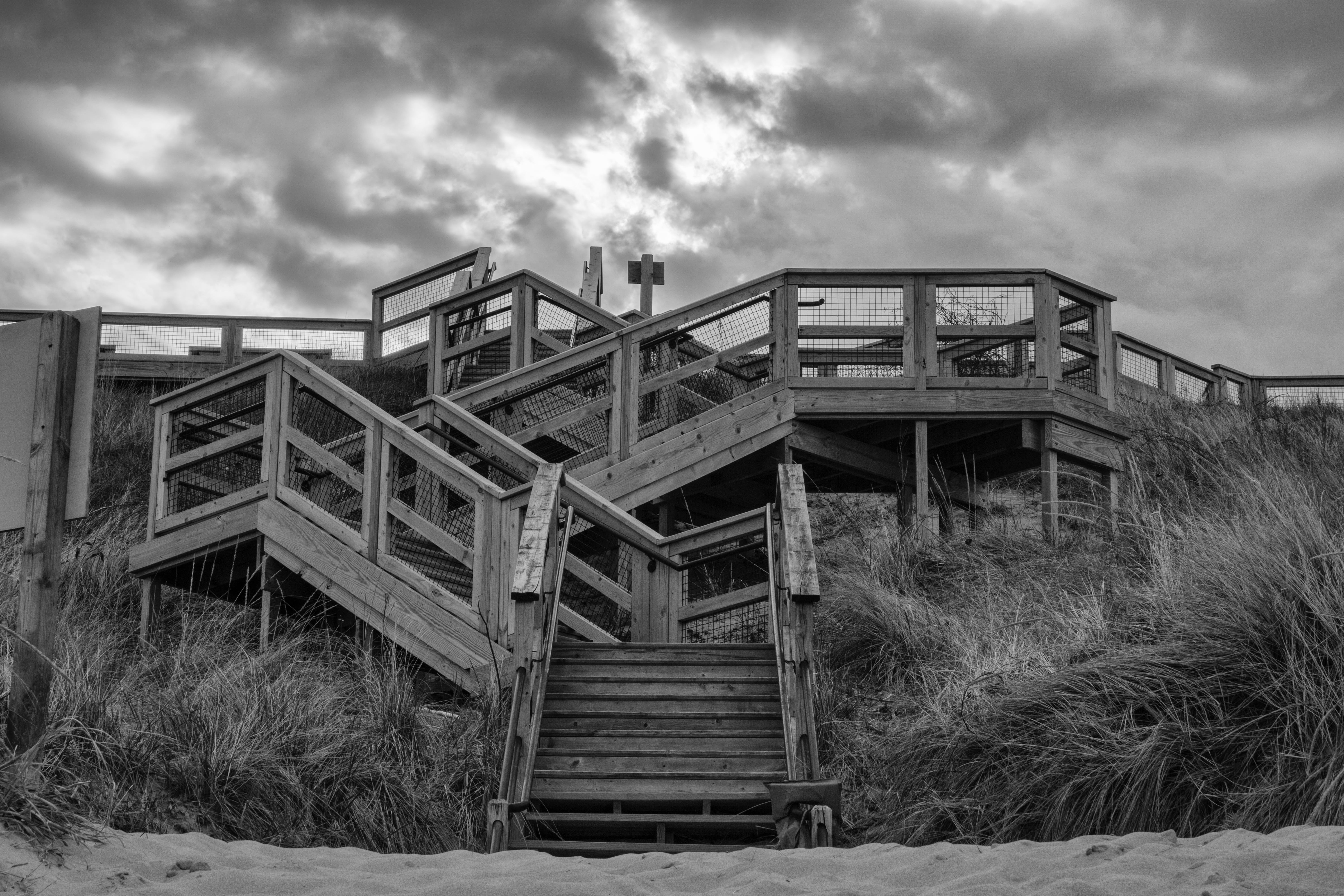 beach, stairs, old, bridge, railing, knot, nature, transportation, field, built structure, cloud - sky, plant, black and white, abandoned, sky, day, 5K, HD Wallpaper