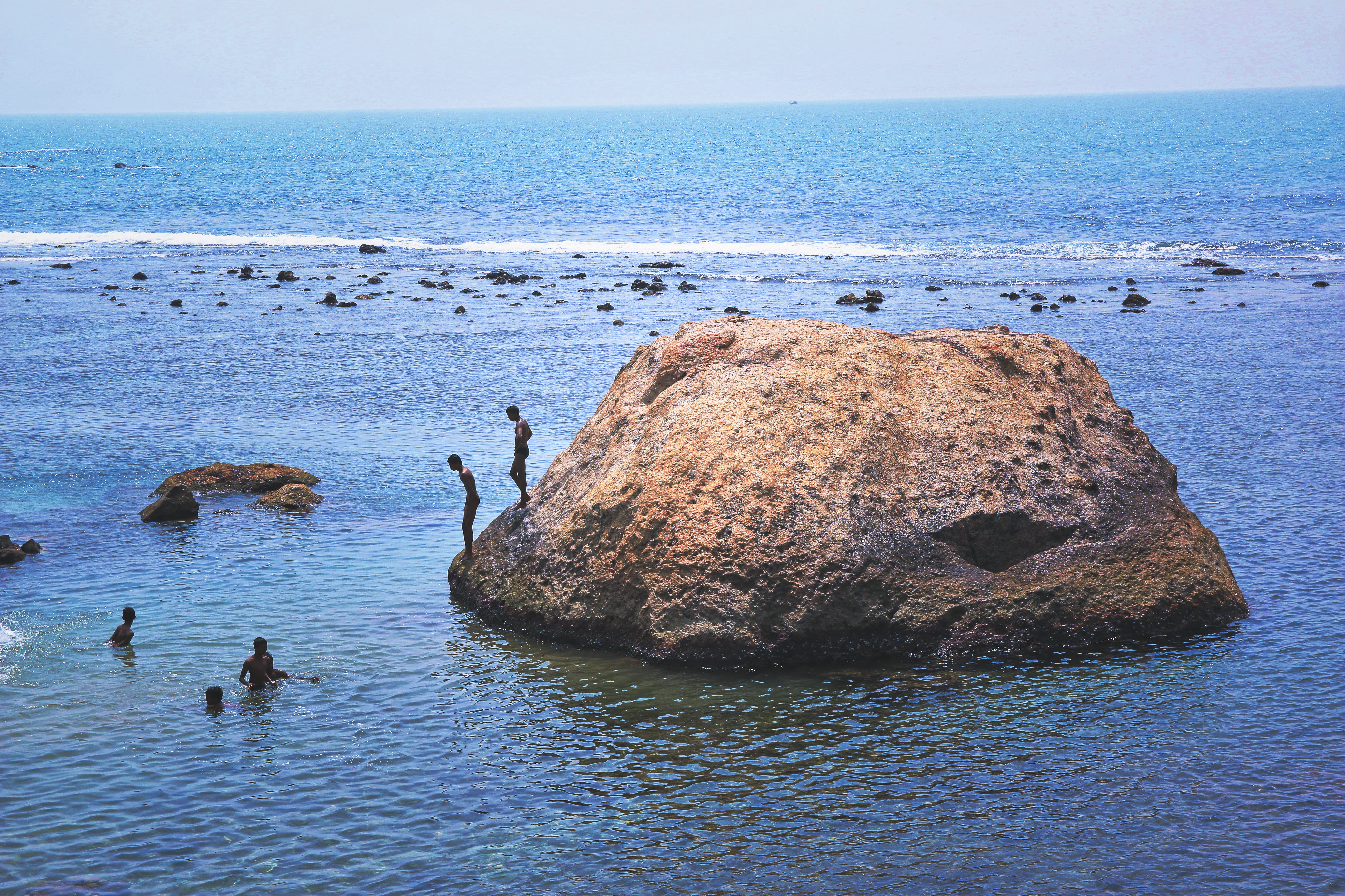 tranquil scene, water, rock, group of animals, scenics - nature, day, srilanka, animal themes, animals in the wild, blue, horizon over water, solid, tranquility, HD Wallpaper