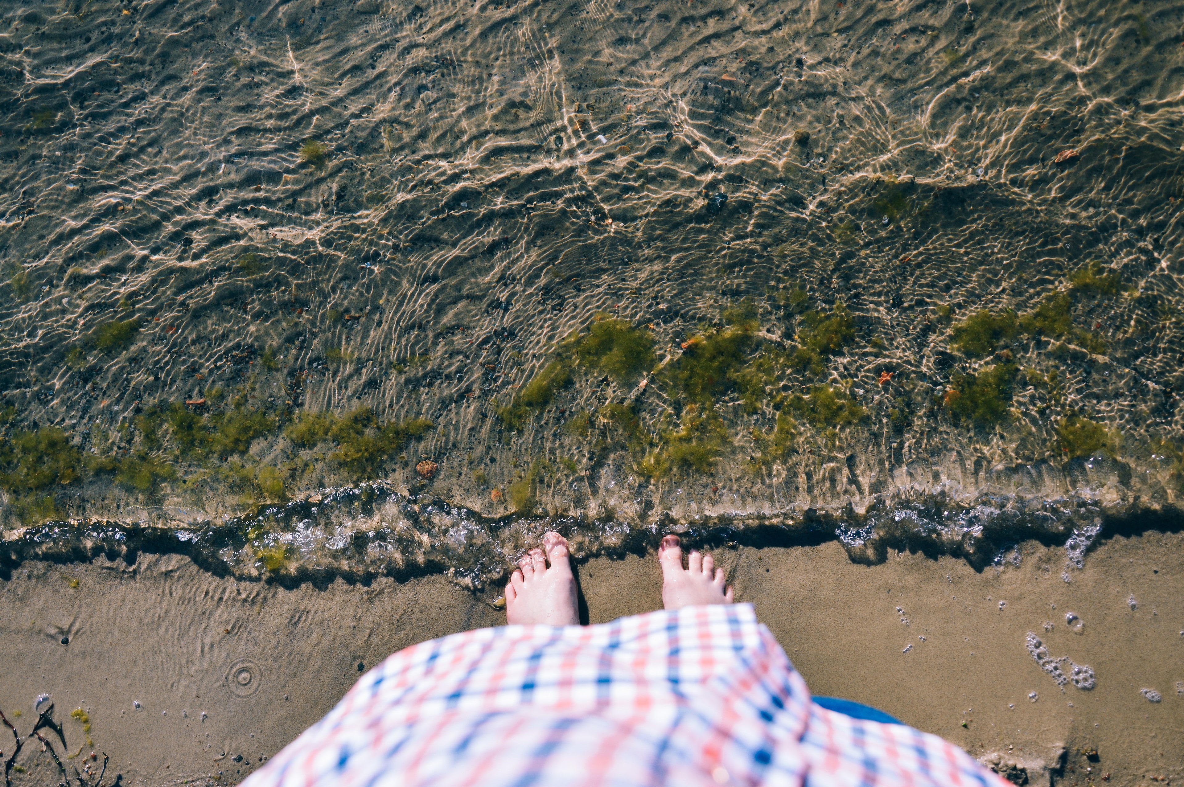 4K, nature, waves, leisure activity, beach, standing, human limb, real people, body part, seaweed, outdoors, human foot, one person, sea, personal perspective, HD Wallpaper