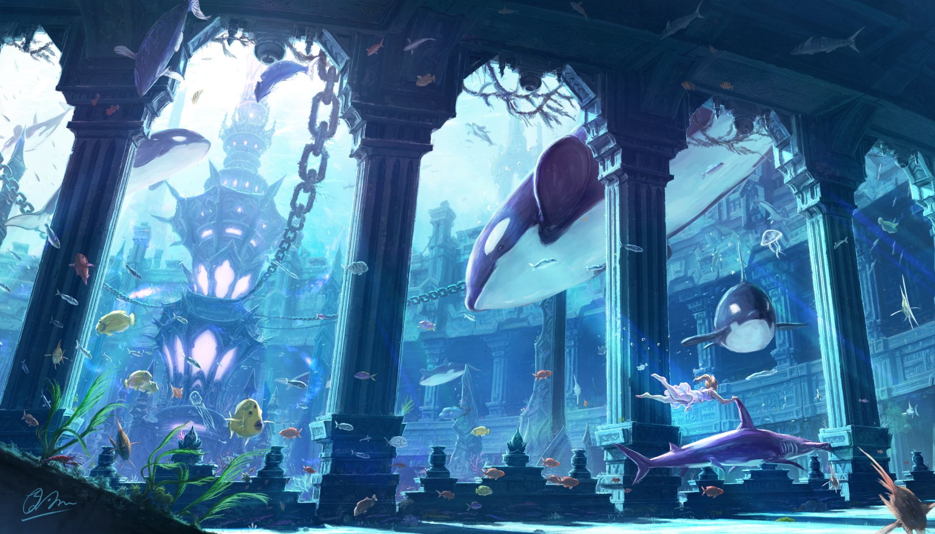 Building, Anime, Ruin, Seaweed, Girl, 1080P, Chain, Fish, Whale, Underwater, Shark, Original, HD Wallpaper