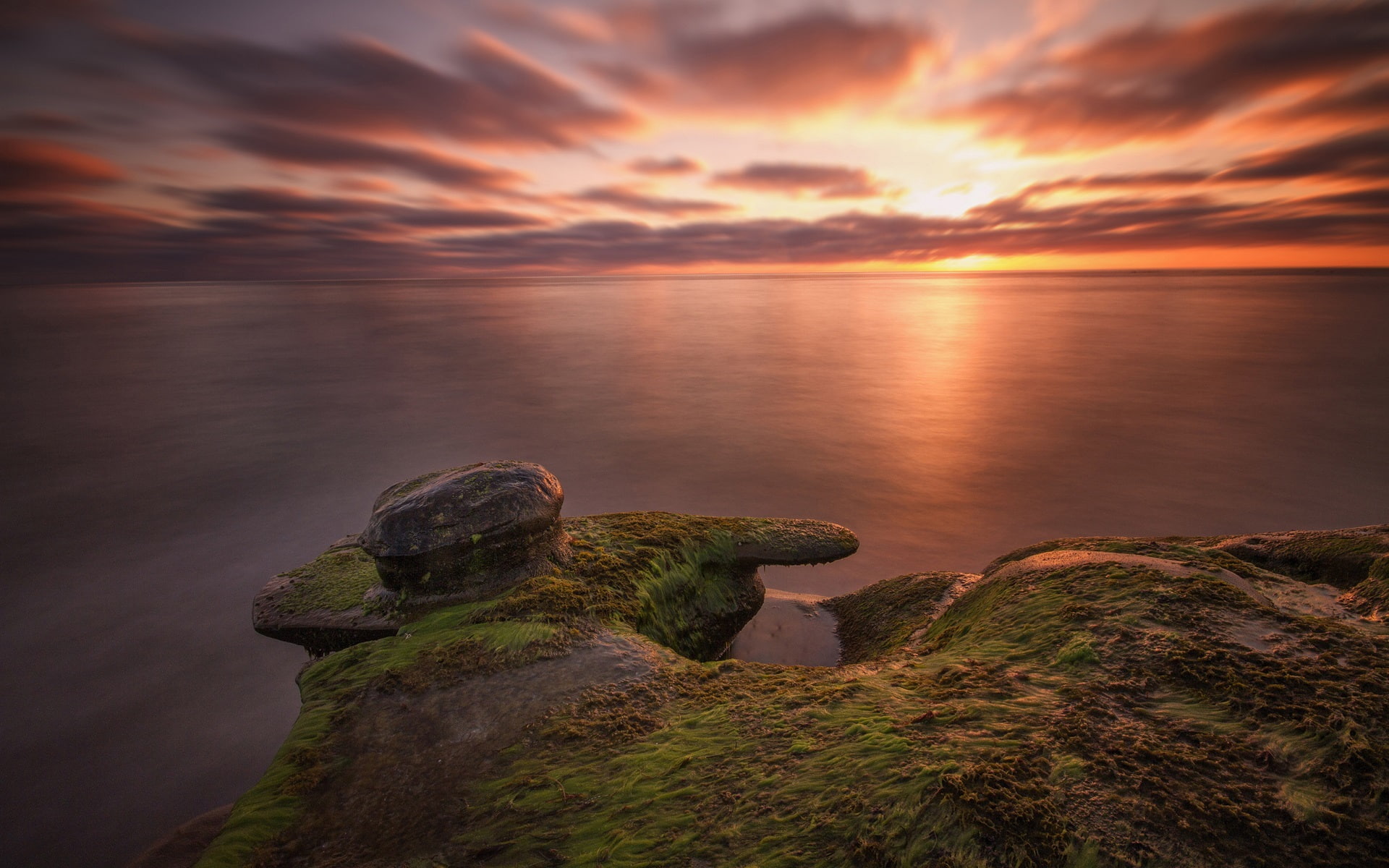 Morning, 1080P, Beach, Dawn, mountain, blue, Stones, Seaweed, green, Sunrise, Sea, HD Wallpaper