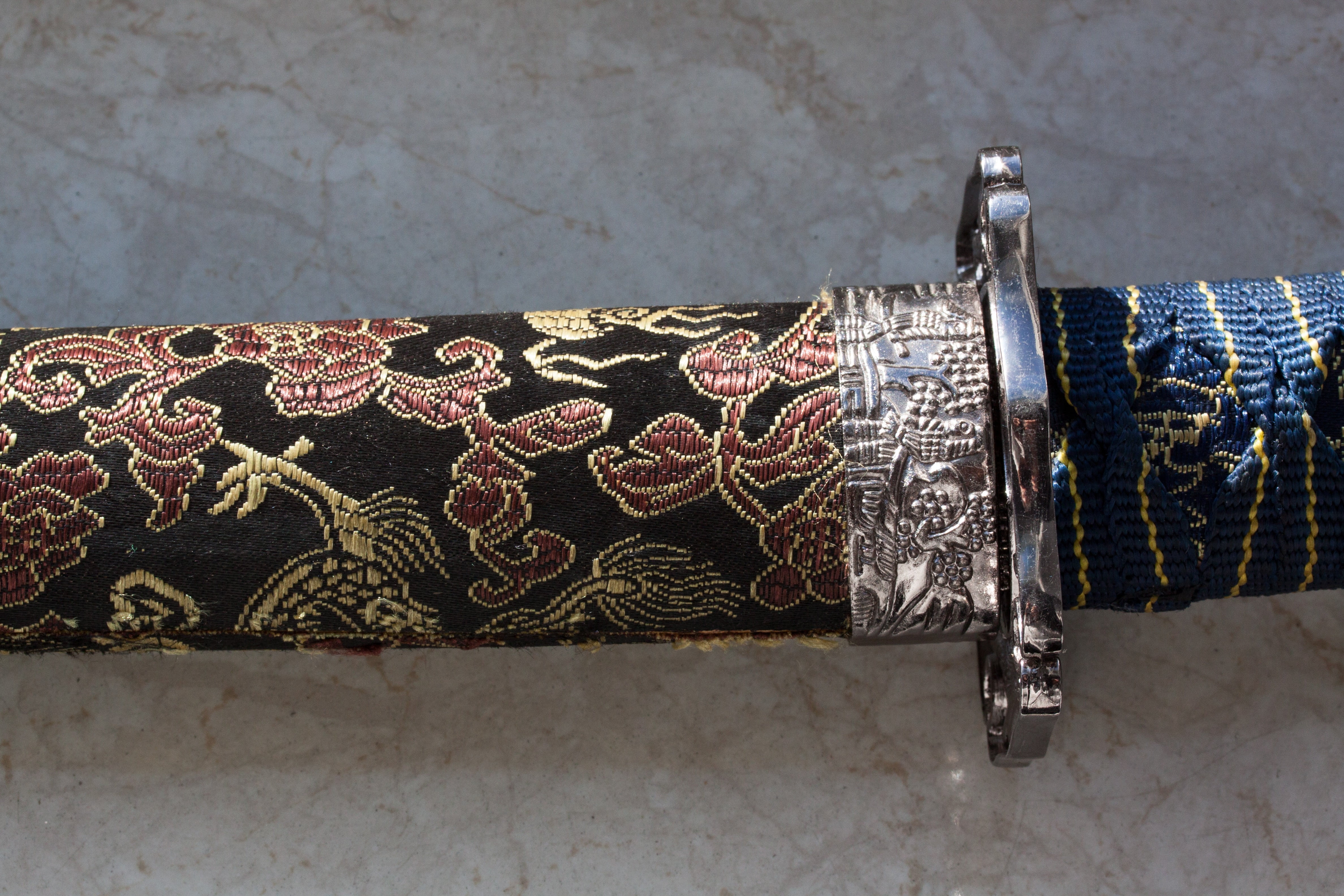 indoors, japanese long sword, jewelry, no people, 4K, luxury, floral pattern, curved sword form, easy cut, called, floral, multi colored, real sword, scabbard, HD Wallpaper