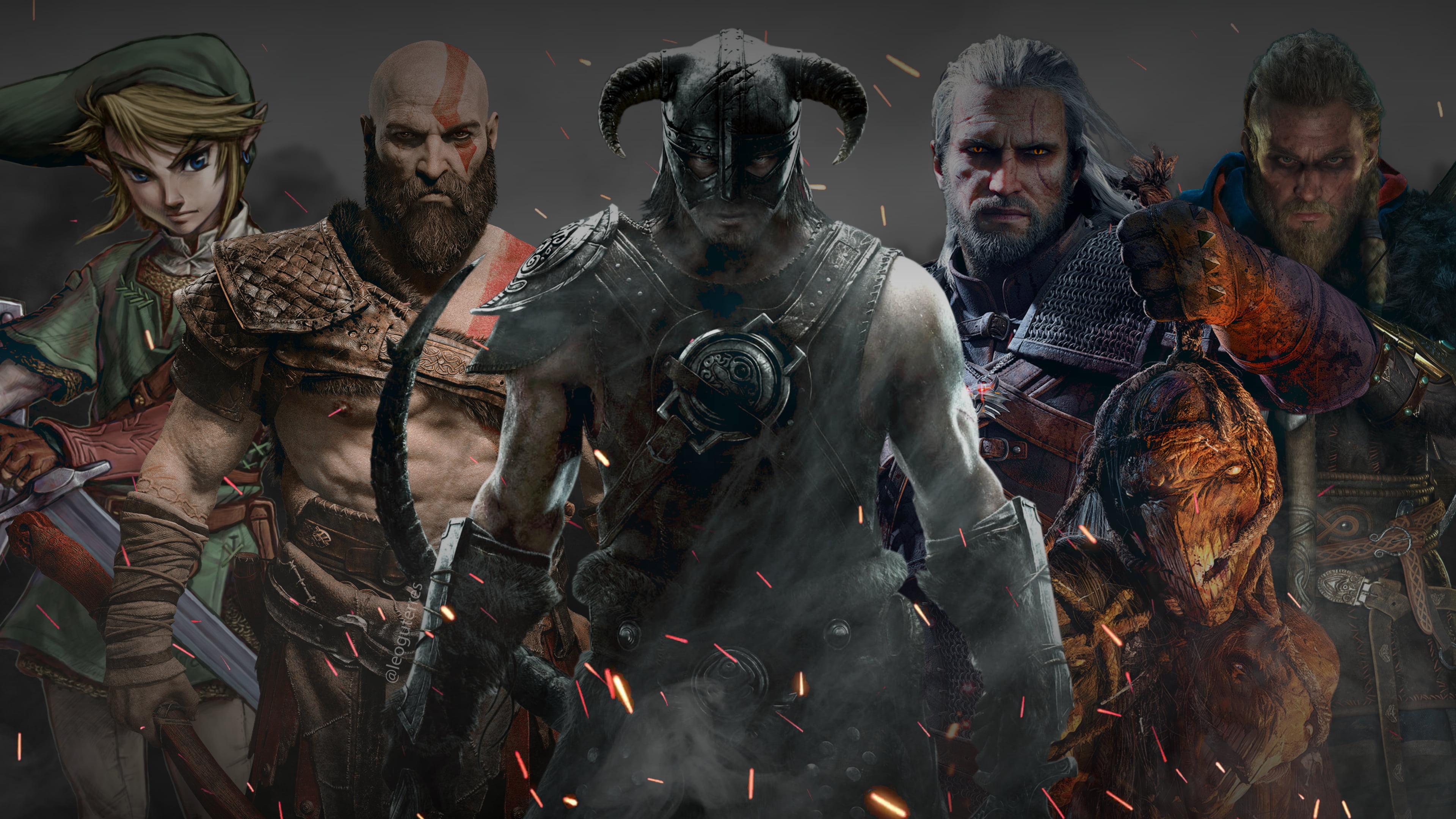 Assassins Creed, valhalla, Geralt of Rivia, God of War, The Elder Scrolls V: Skyrim, The Elder Scrolls, The Legend of Zelda, 4K, Zelda, Kratos, Eivor, HD Wallpaper