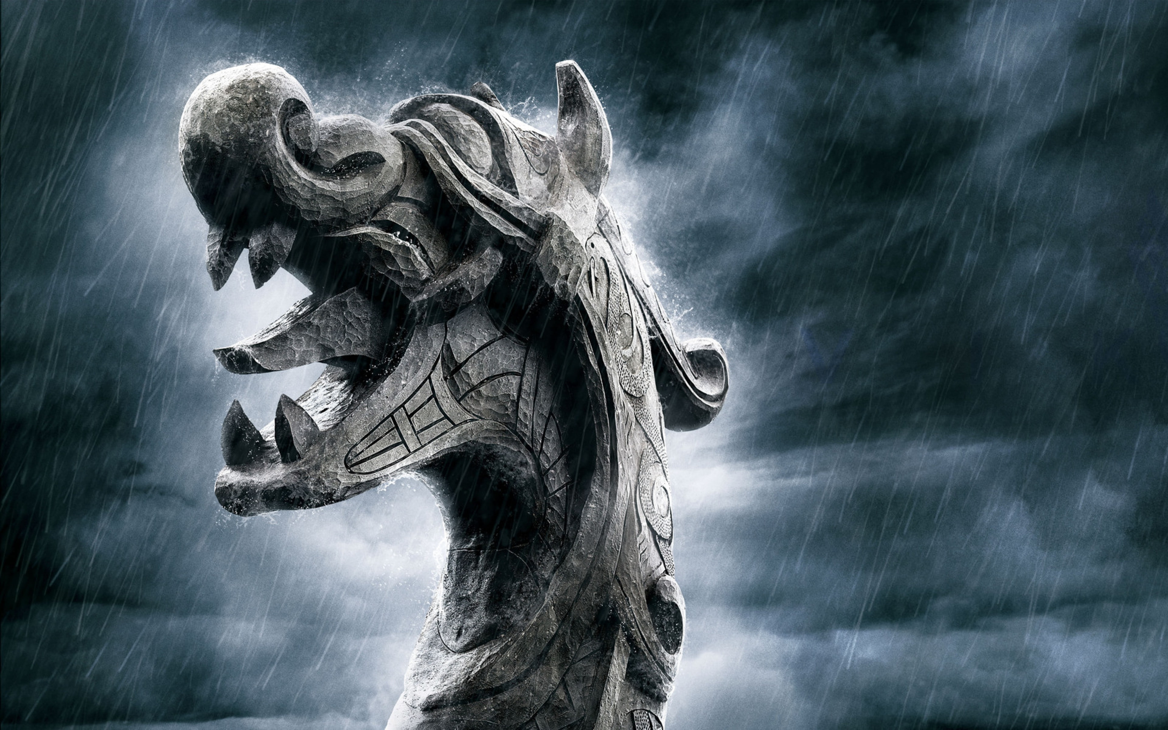 teeth, drakkar backgrounds, rain, vikings, 4K, tongue, dragon, HD Wallpaper