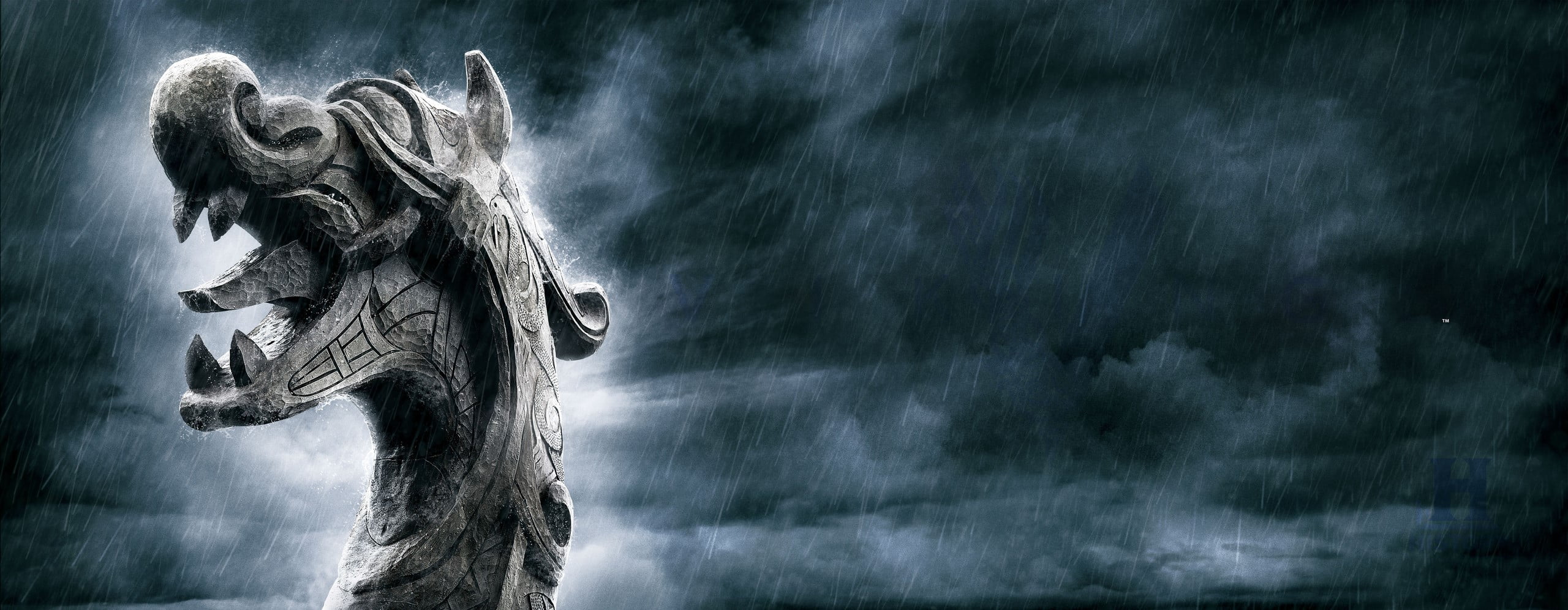 animal wildlife, representation, spooky, Drakkar, water, angel, Teeth, statue, sculpture, 2K, cloud - sky, creativity, horror, no people, wood - material, HD Wallpaper