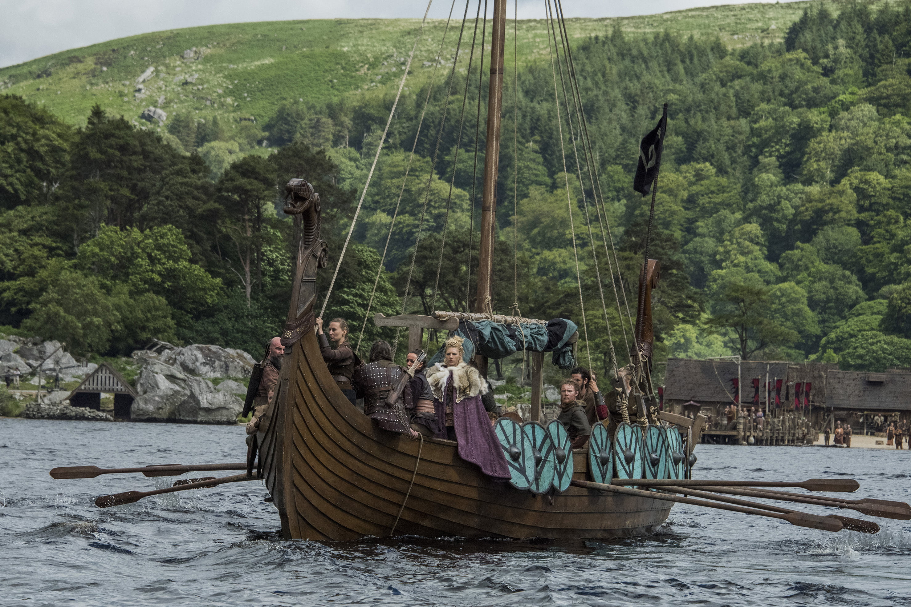 outdoors, tree, " ship-dragon", nautical vessel, men, wooden, river, lifestyles, people, Vikings, women, group of people, 2K, The Vikings, nature, day, HD Wallpaper