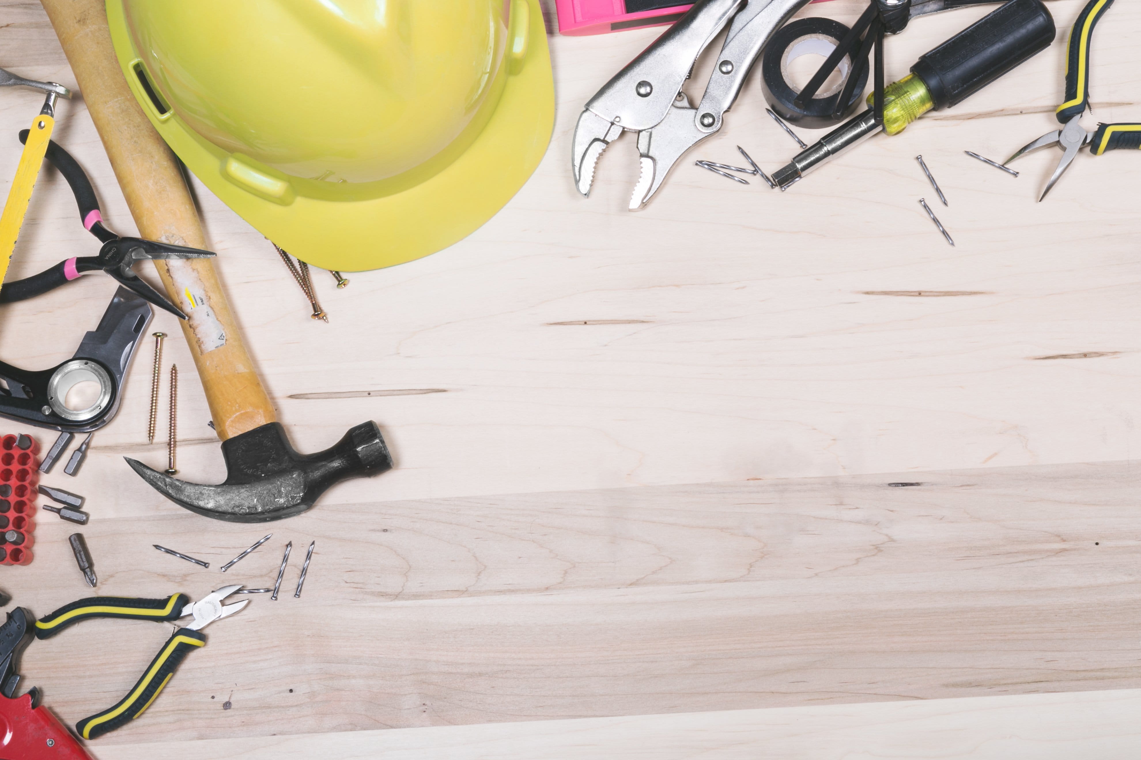 photo, helmet, headwear, industry, scissors, construction industry, hand tool, high angle view, wood - material, security, equipment, 4K, work tool, large group of objects, HD Wallpaper