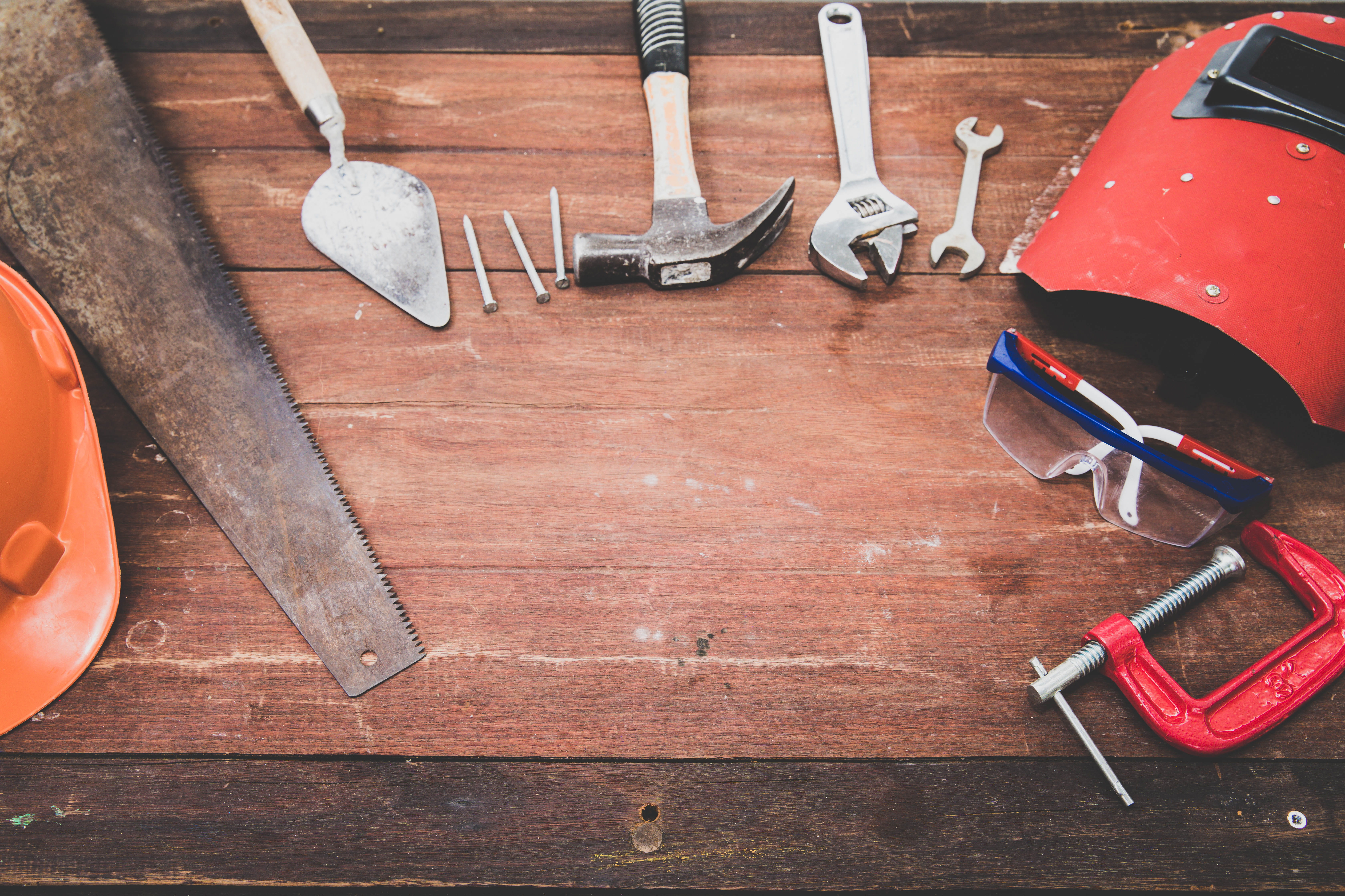kit, helmet, background, maintenance, lay, work tool, table, safety, man made object, equipment, workshop, photography, steel, hand, hardware, metal, screwdriver, HD Wallpaper