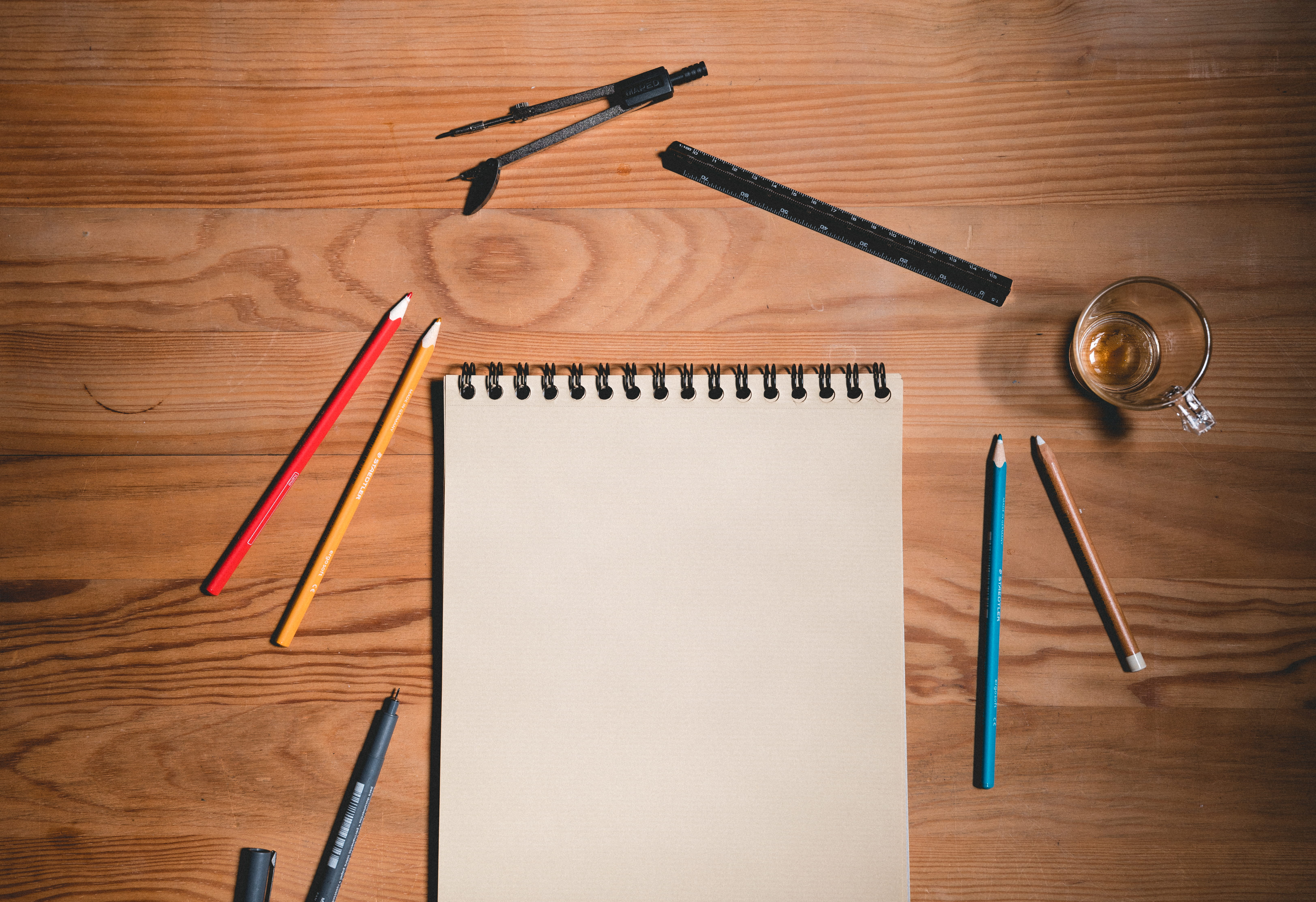 sketch, pen, no people, indoors, table, directly above, pencil, book, wood grain, hand saw, spiral notebook, still life, furniture, pens, desk, blank, writing instrument, HD Wallpaper