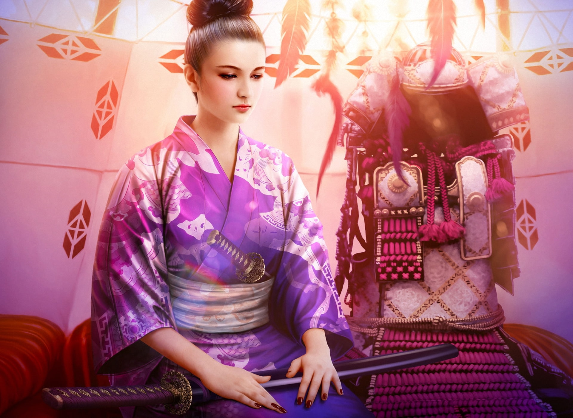 mario wibisono, 1080P, art, girl, katana, legend of the five rings, sword, kimono, armor, debt chikako, HD Wallpaper