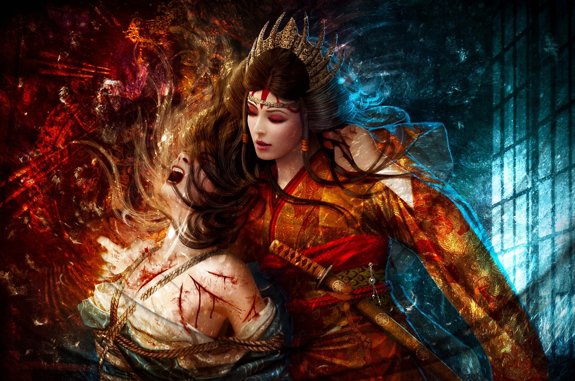 warrior, wibisono, blood, dark, legend, sorrow, girl, sad, izuna, 1080P, art, rings, asako, mario, HD Wallpaper