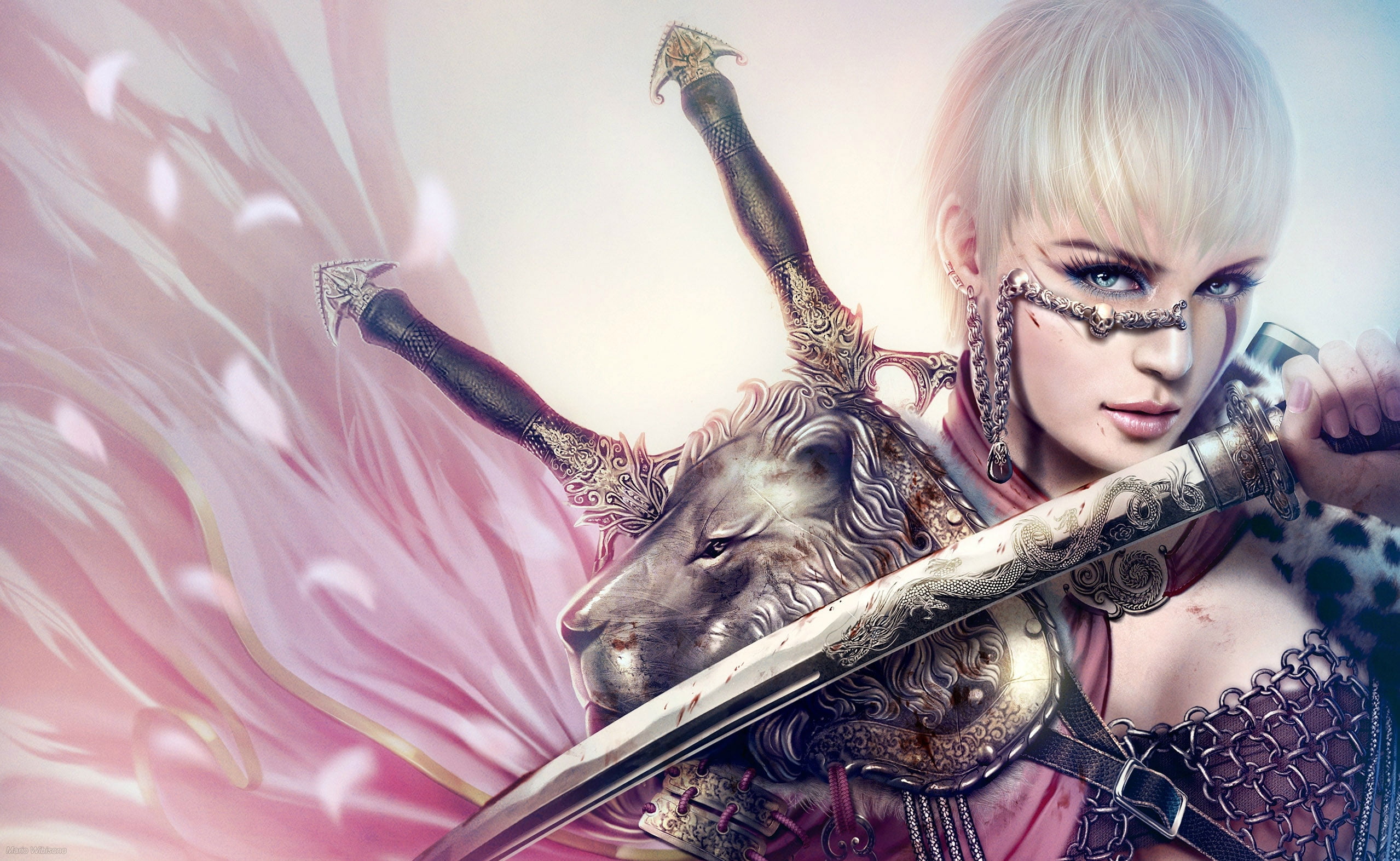 female, white, sward, animal wildlife, anime, mario, girl, 1080P, haired, adult, hairstyle, one animal, Anime / Animated, blond hair, wibisono, young women, HD Wallpaper