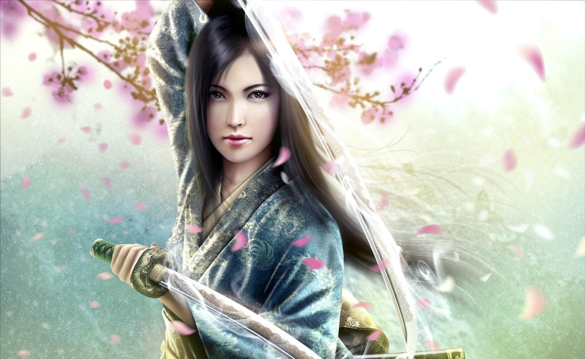 waist up, adult, flower, long hair, Woman, Girl, young women, looking at camera, Legend Of The Five Rings, Chinese, 1080P, Warrior, illustration, Cherry Blossom, HD Wallpaper