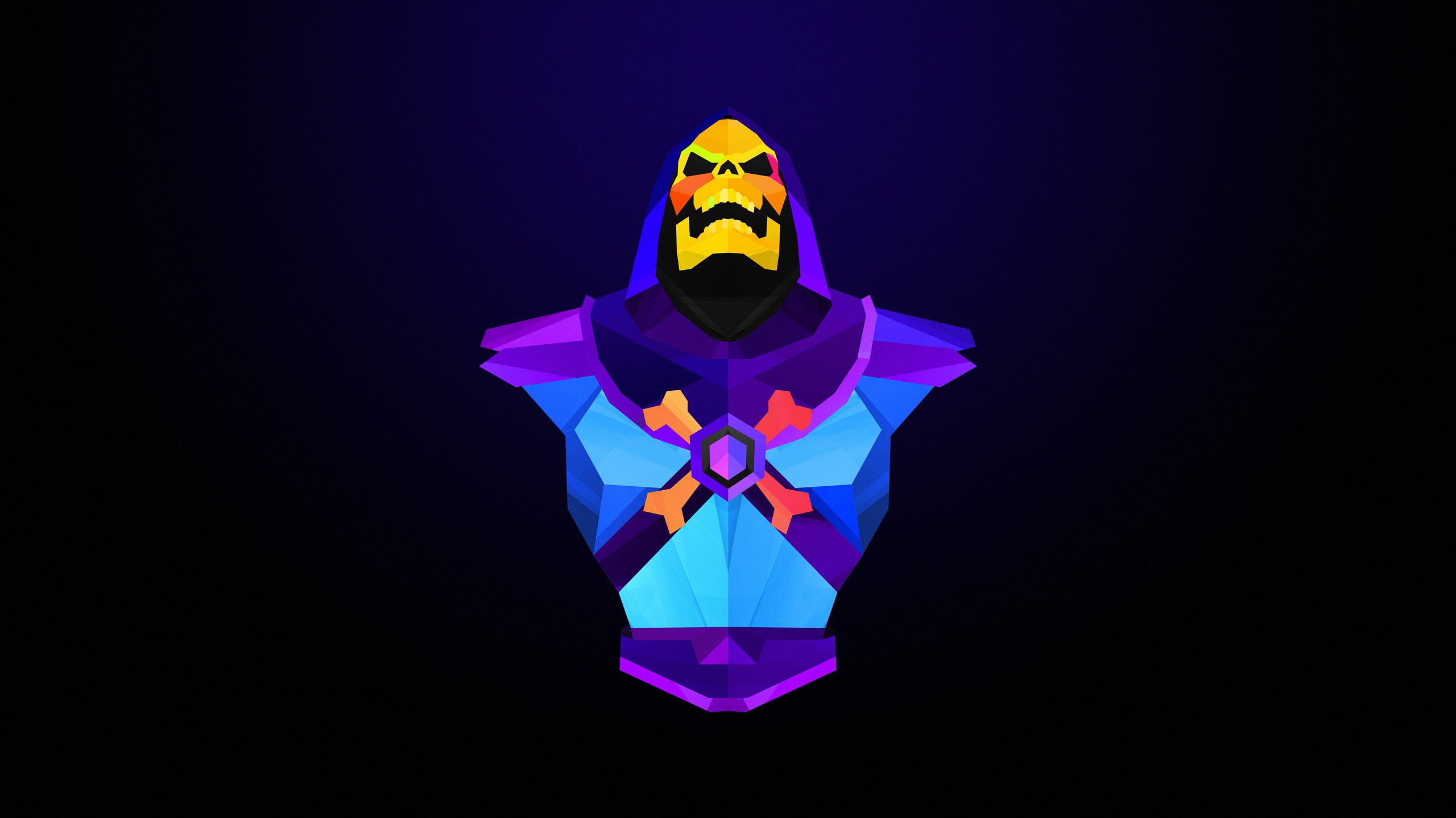 black background, indoors, 2K, purple, motion, multi colored, studio shot, front view, illuminated, Justin Maller, single object, representation, Skeletor, HD Wallpaper
