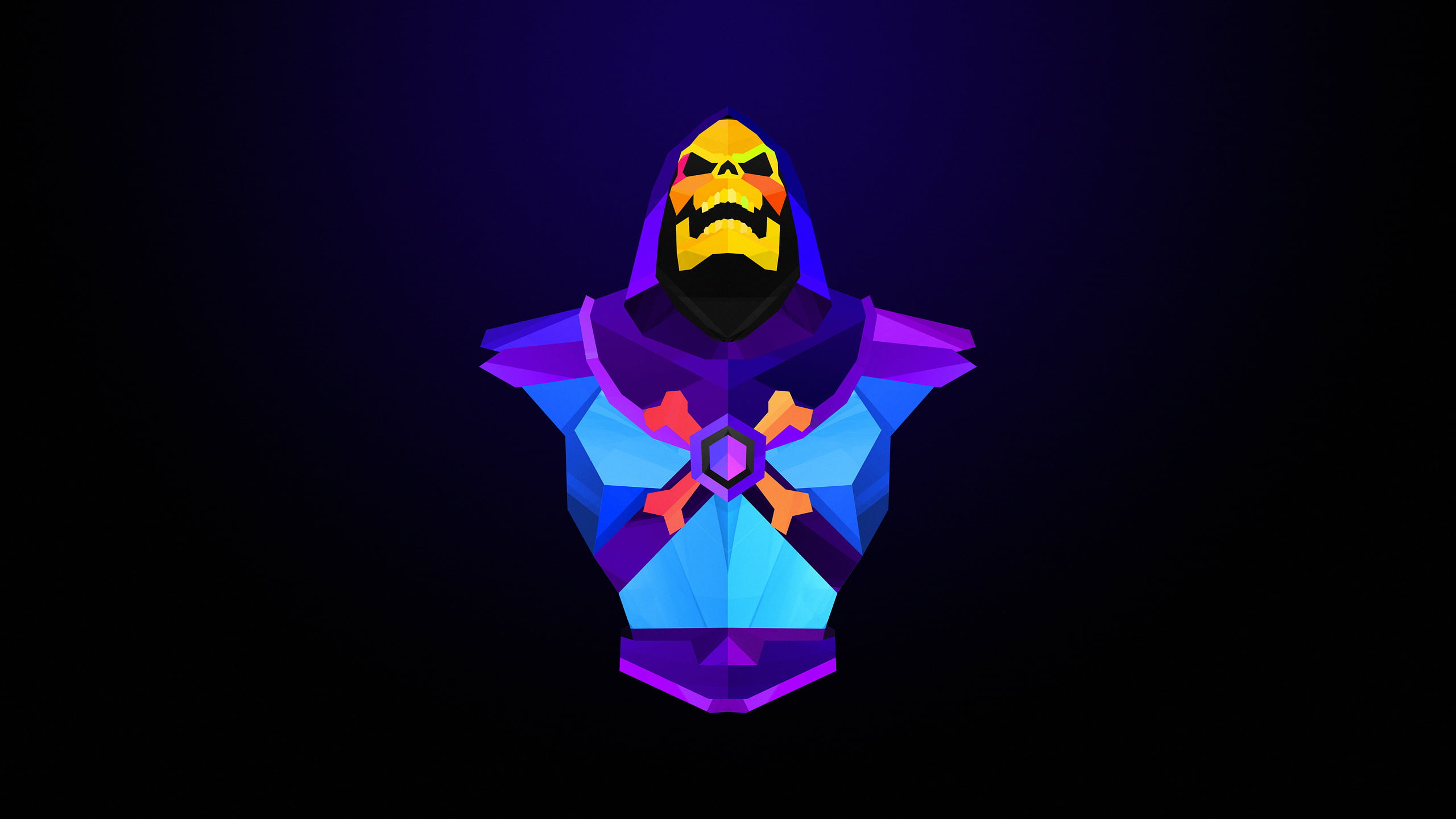 blue, illustration, indoors, 2K, minimalism, dark, shape, creativity, vibrant color, abstraction, illuminated, front view, Skeletor, copy space, skeleton, HD Wallpaper