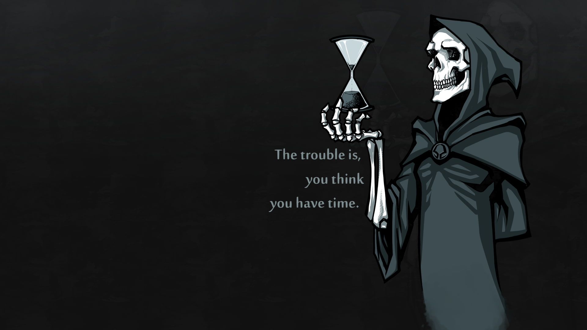 skeleton, Simple Background, bones, 1080P, Hoods, Time, Hourglasses, grim reaper, quote, digital art, skull, HD Wallpaper