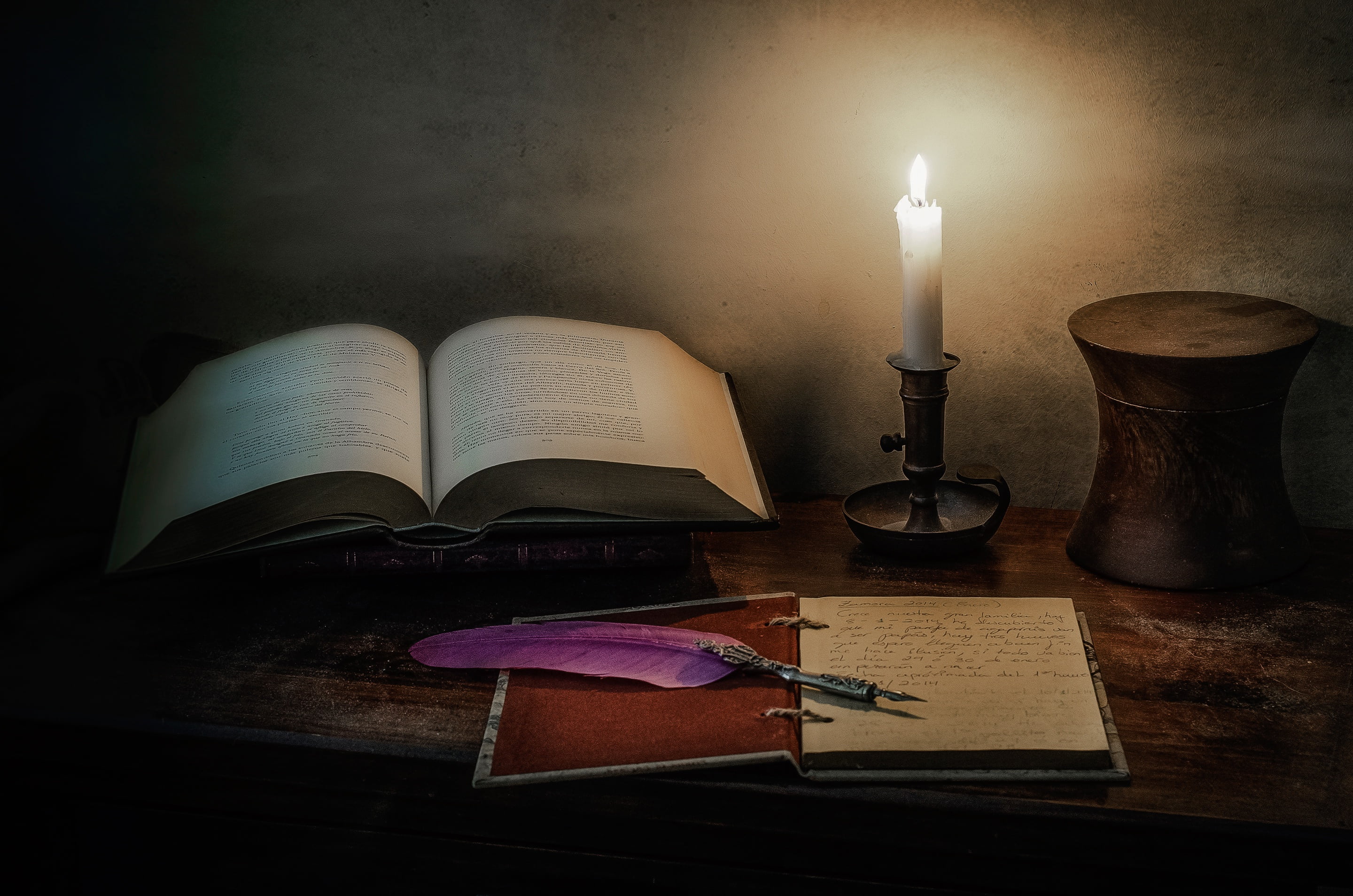 still life, book, candle, style, pen, notebook, 2K, HD Wallpaper