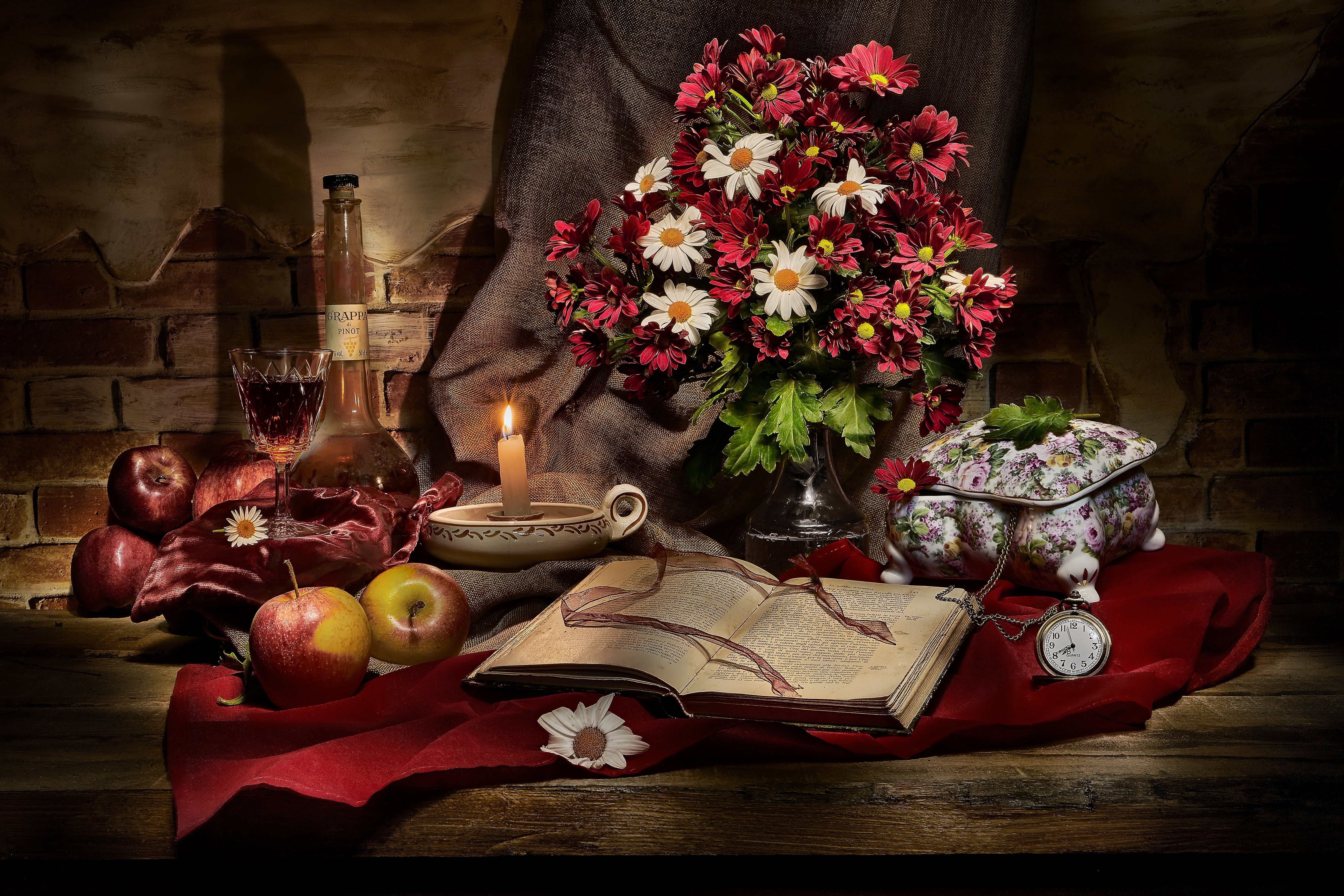 4K, the dark background, watch, Board, box, candle, apples, fabric, wine, bottle, a lot, food, fruit, book, still life, flowers, alcohol, bouquet, glass, HD Wallpaper