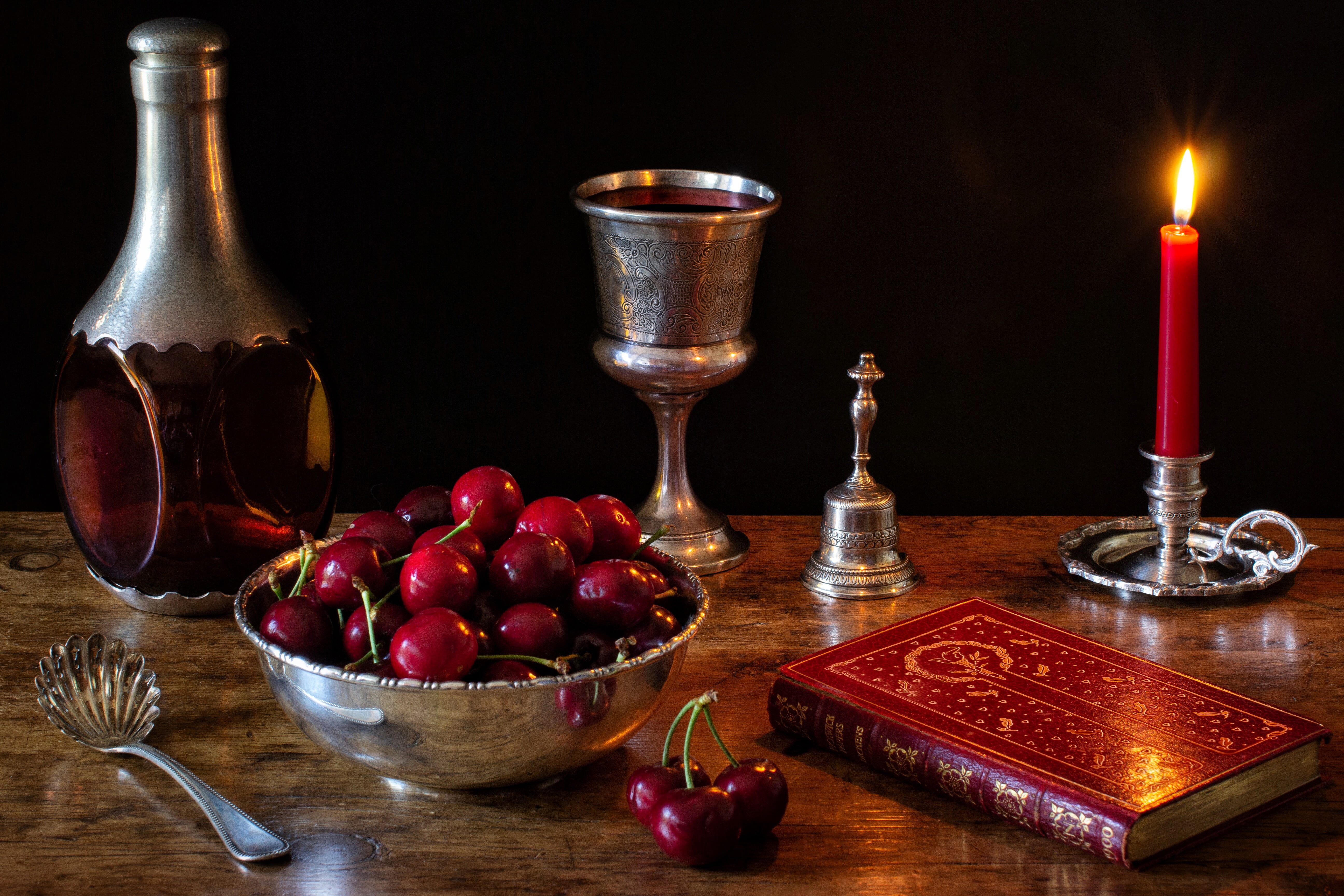 book, glass, still life, 5K, silver, berries, candle, cherry, wine, style, bottle, HD Wallpaper