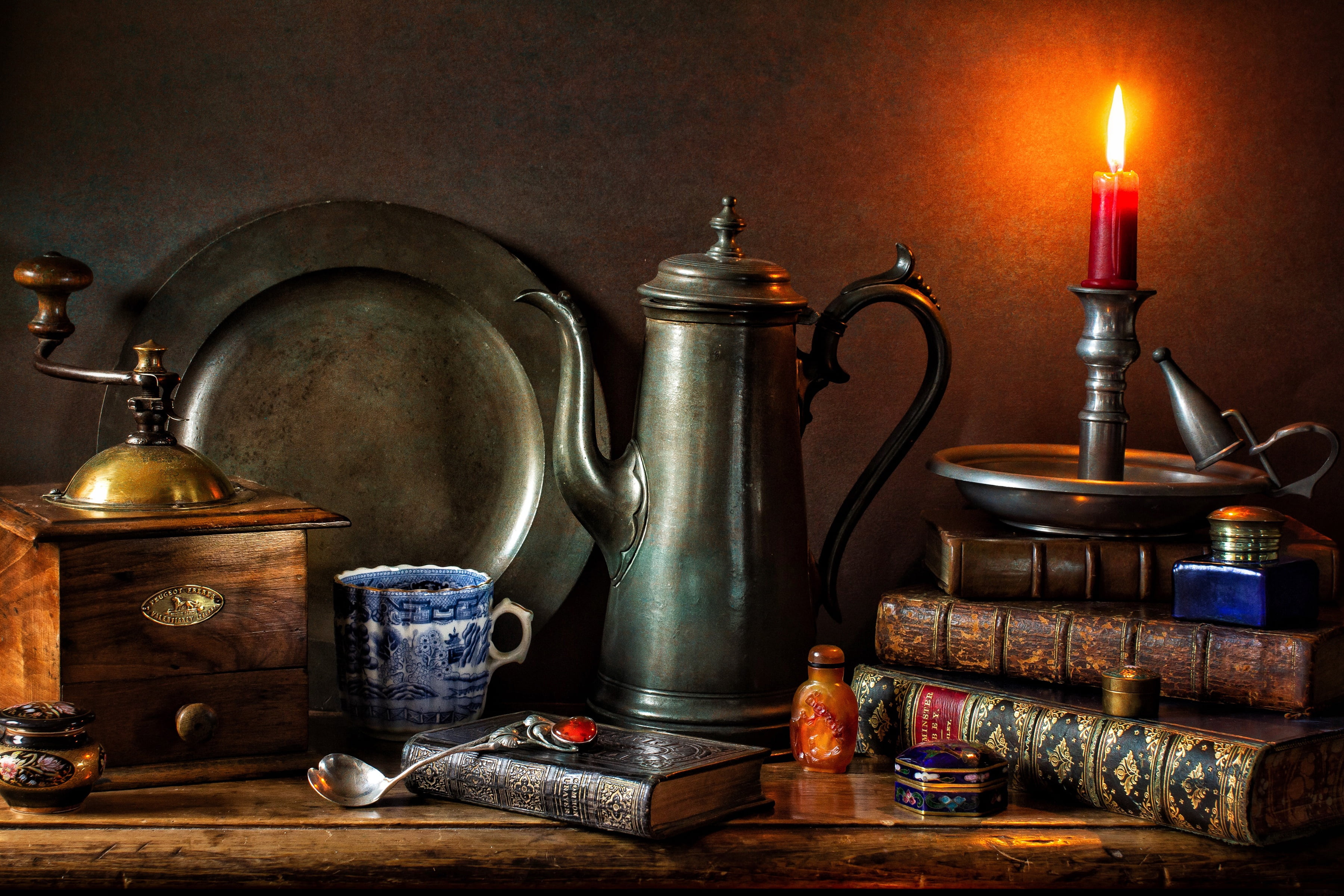 candle holder, still life, mug, style, coffee pot, 2K, books, coffee grinder, candle, dish, HD Wallpaper