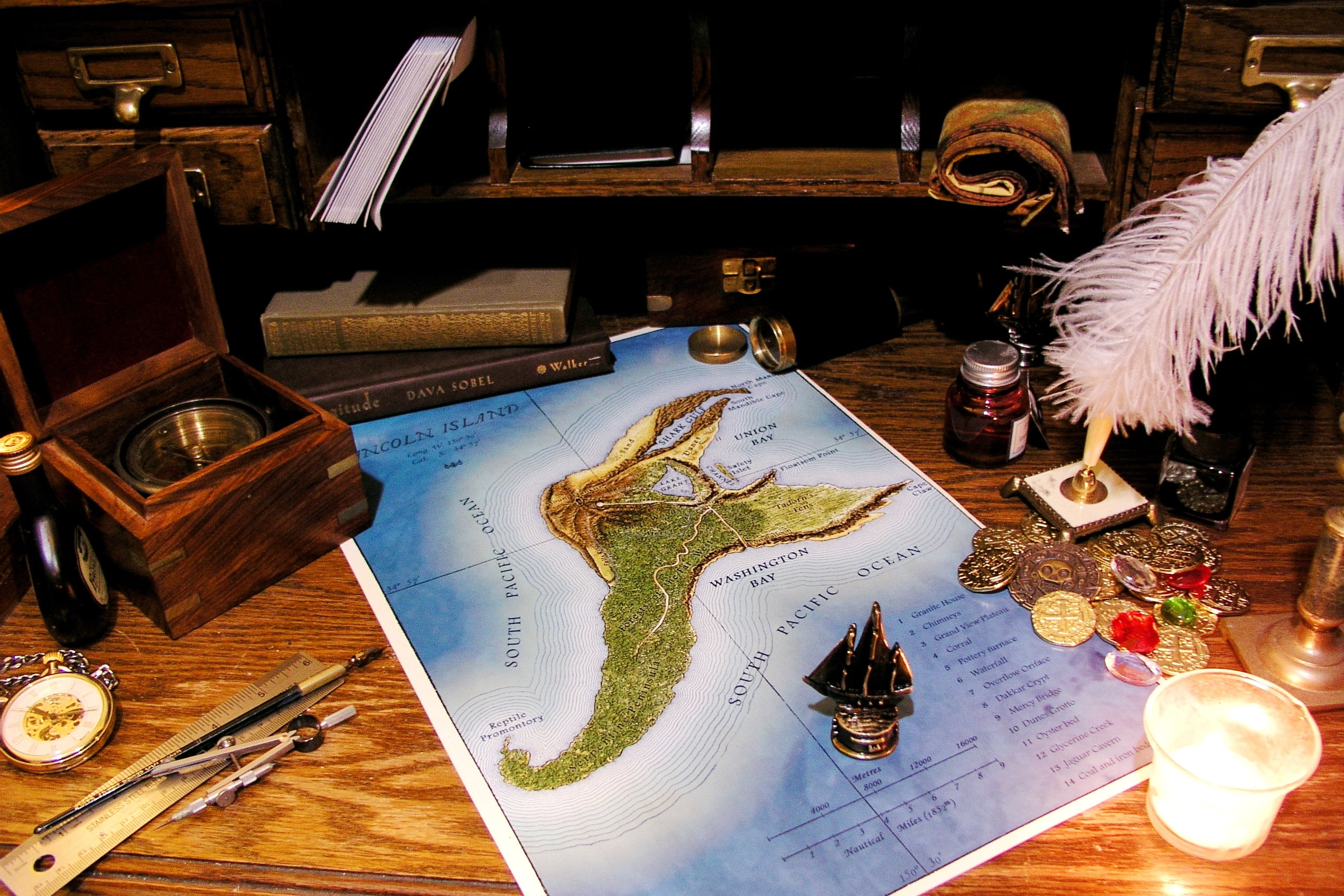 coins, line, candle, map, 1080P, compass. books, pen, sailboat, watch, the compass, spyglass, table, scroll, HD Wallpaper